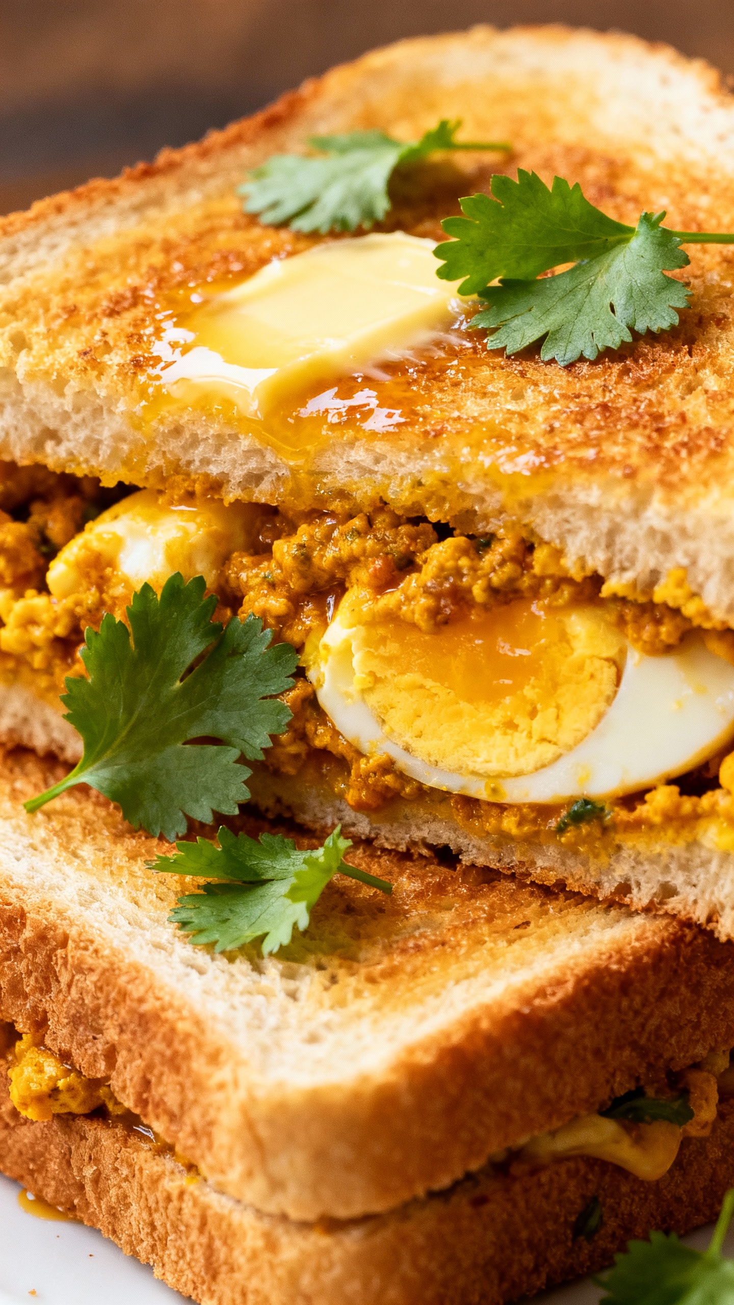 Masala egg sandwich on toasted bread, buttered, cilantro garnish