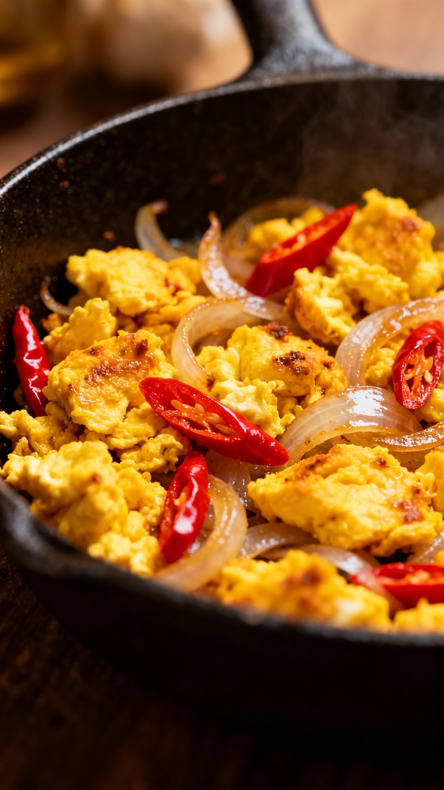 Spicy scrambled masala eggs in skillet, red chili, onions