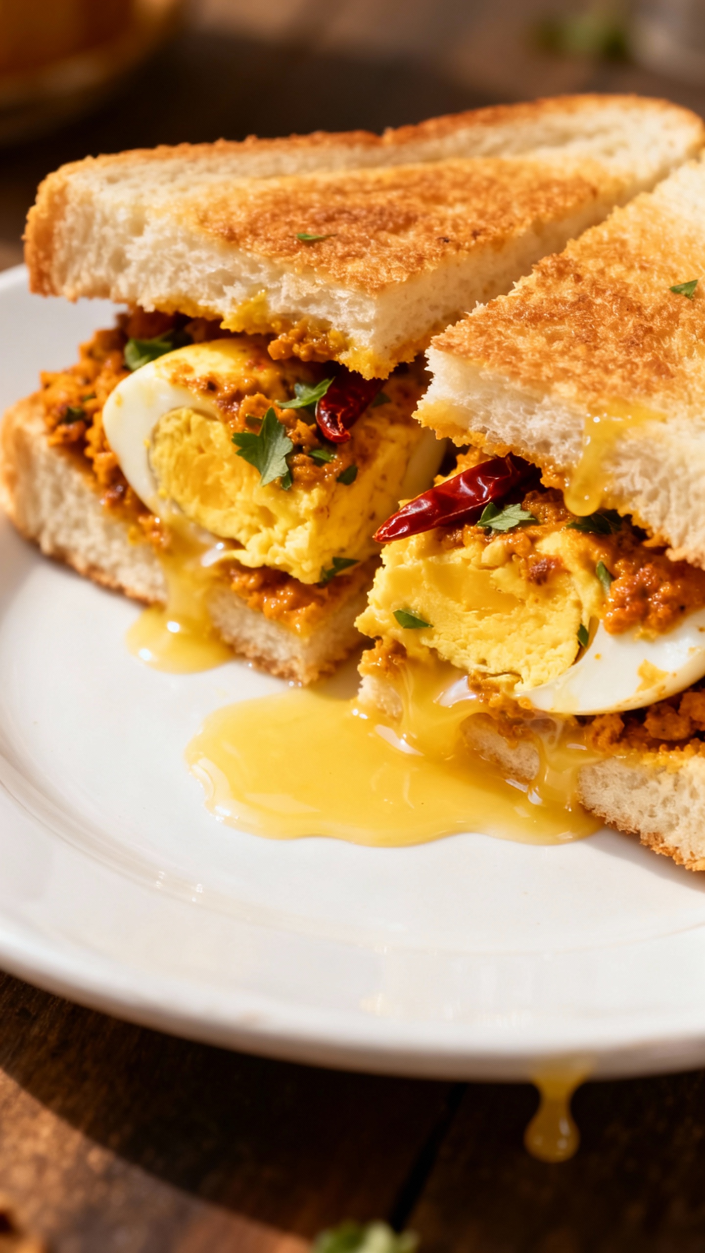 Street-style masala egg sandwich on plate, dripping butter