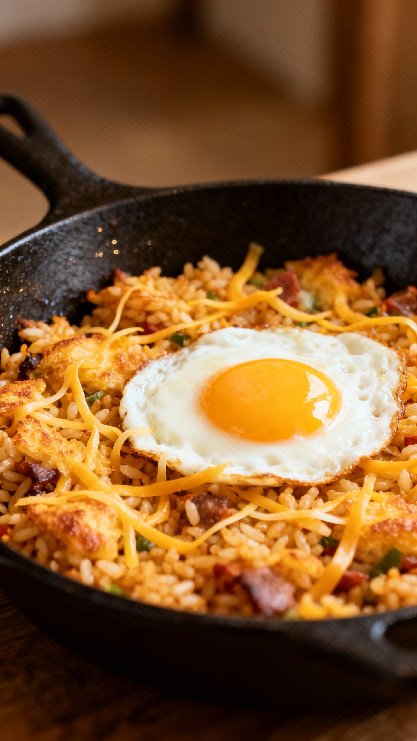 Cheesy breakfast rice skillet with fried egg, cast-iron