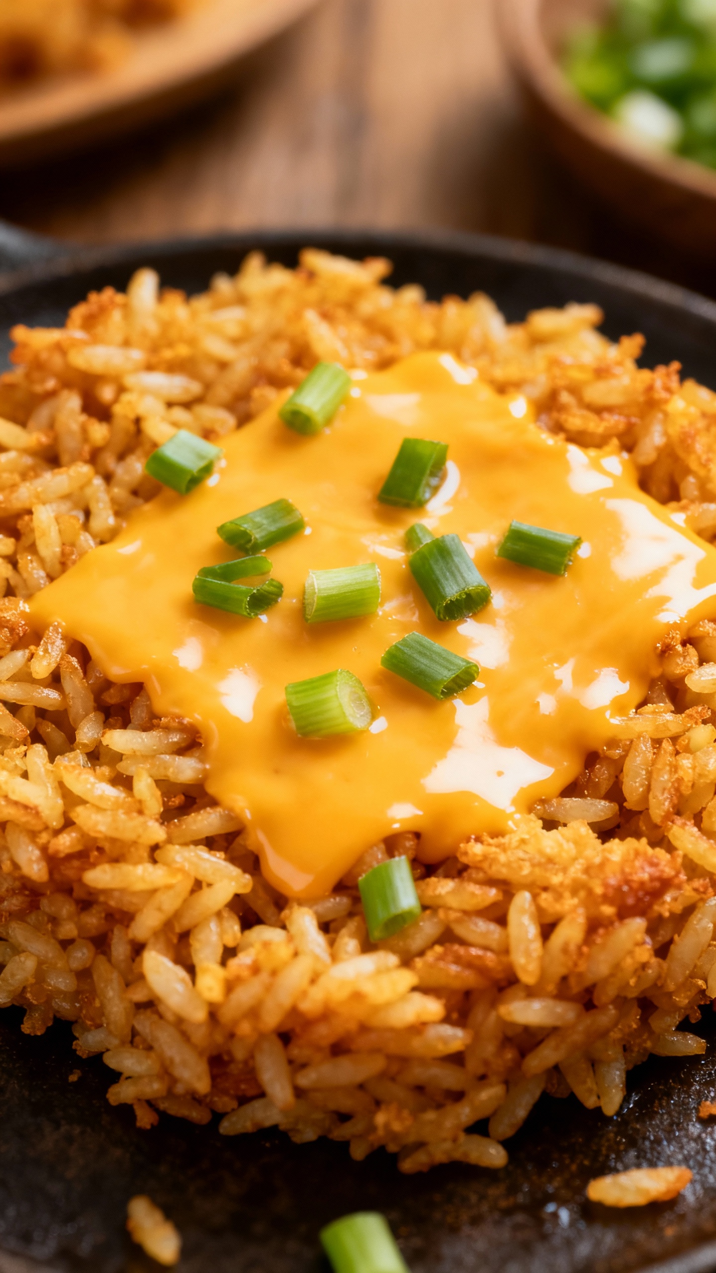 Golden crispy rice with melted cheddar, scallions on top