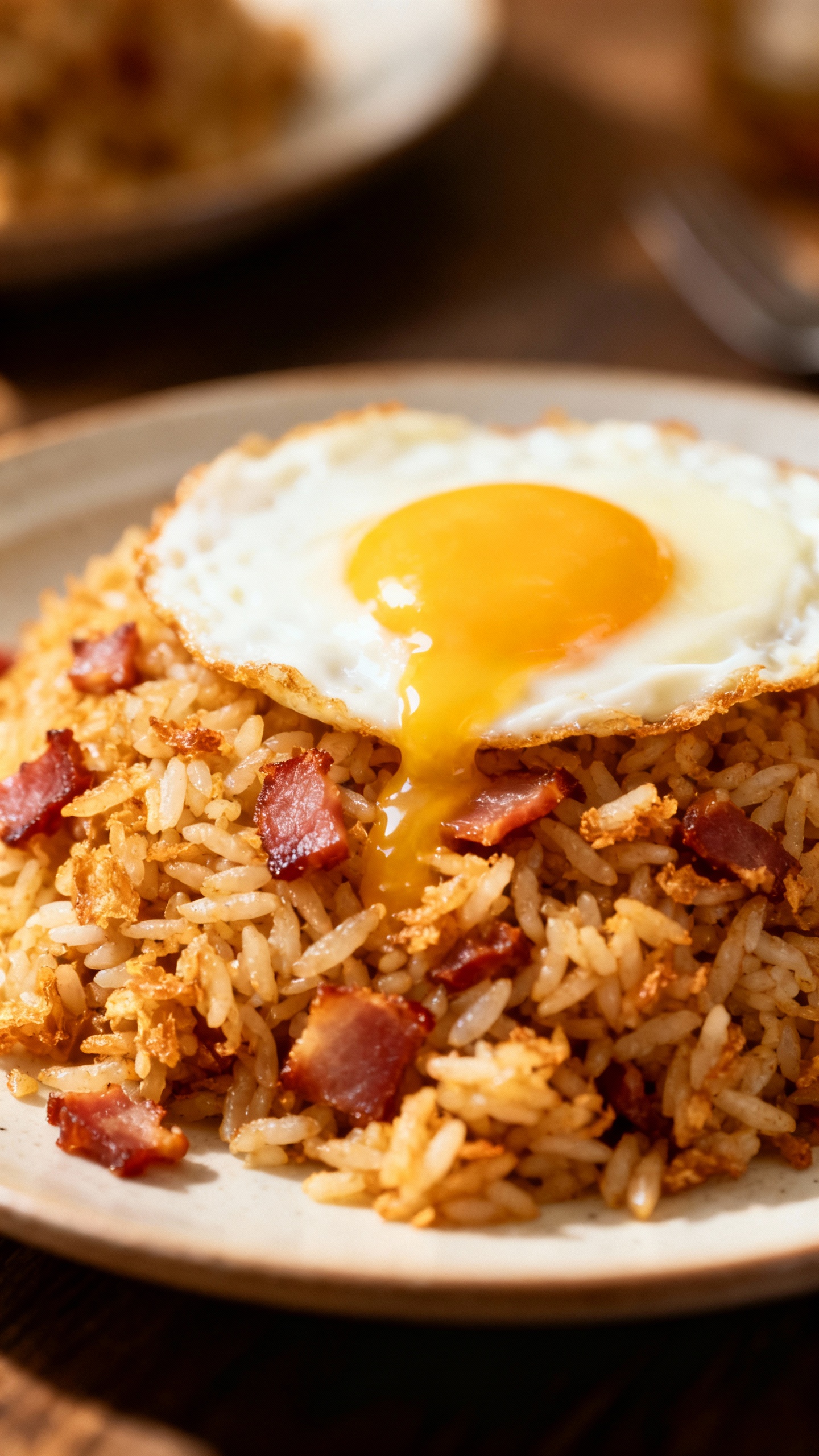 Day-old rice frying, bacon bits and runny yolk garnish