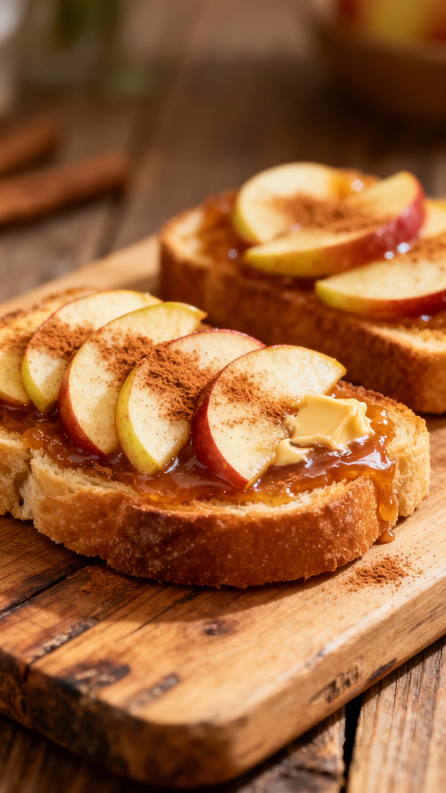 apple cinnamon toasts on rustic cutting board