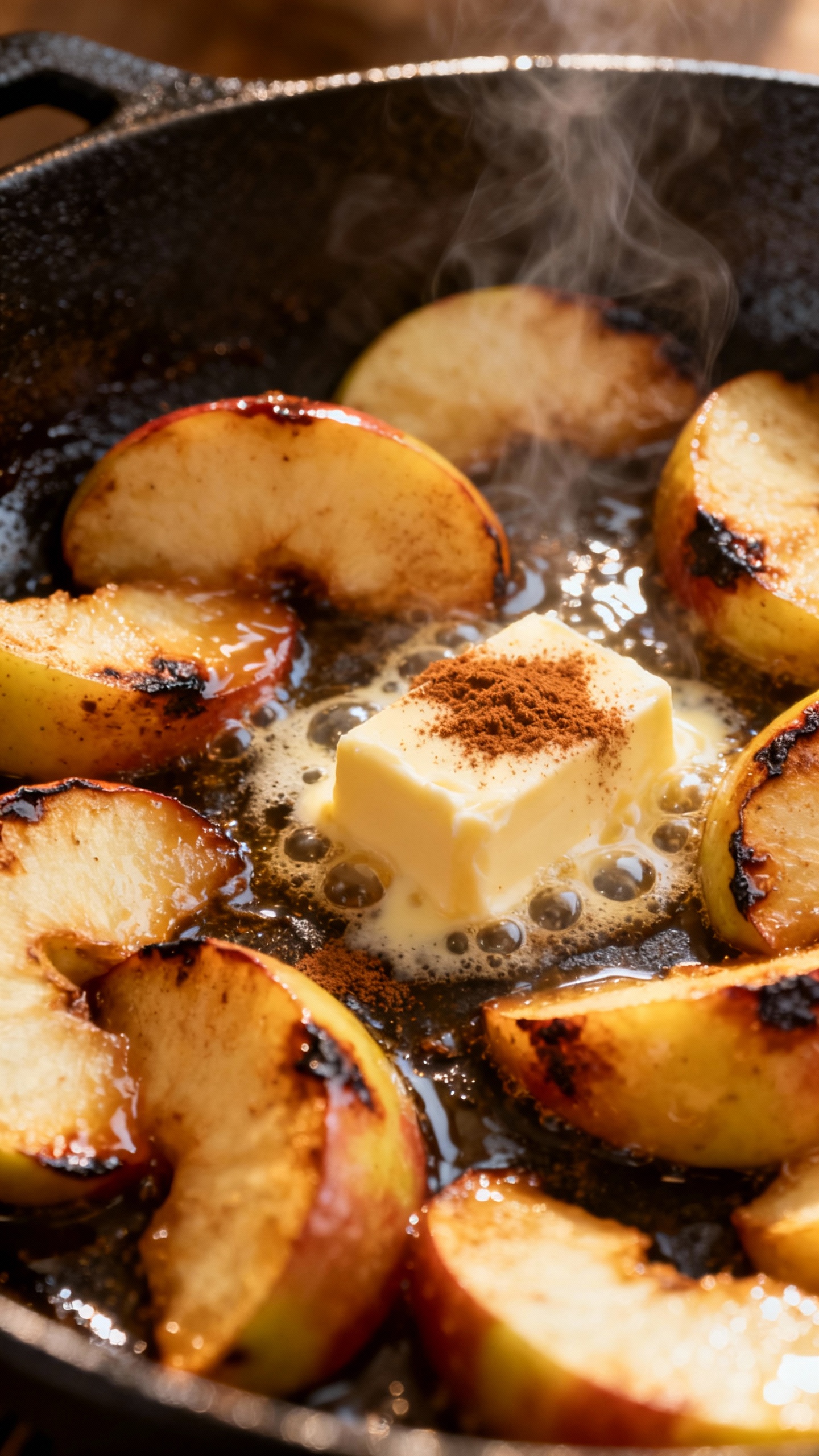 sliced apple sautéing in butter and cinnamon skillet