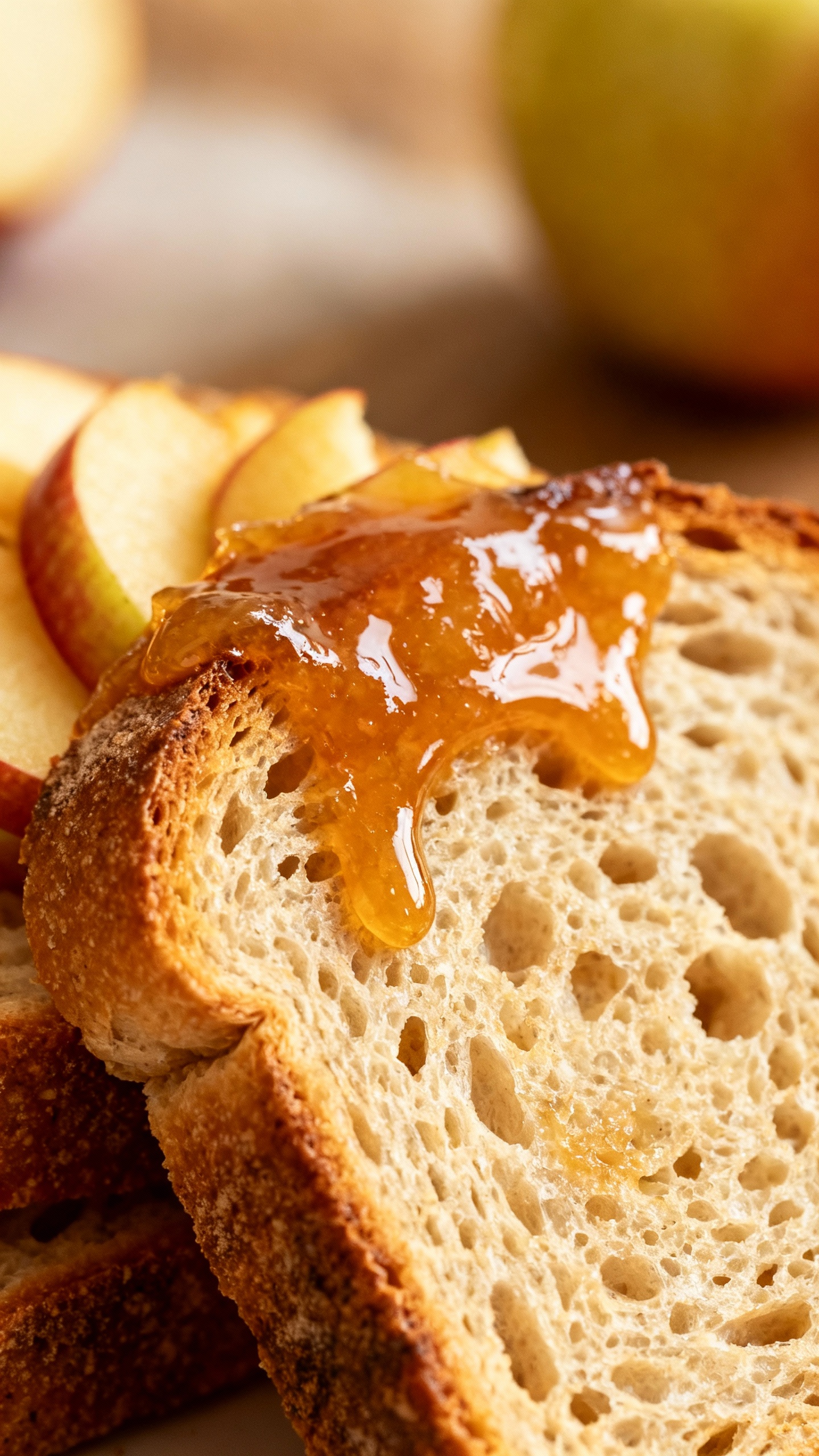 crispy sourdough toast topped with warm apple glaze