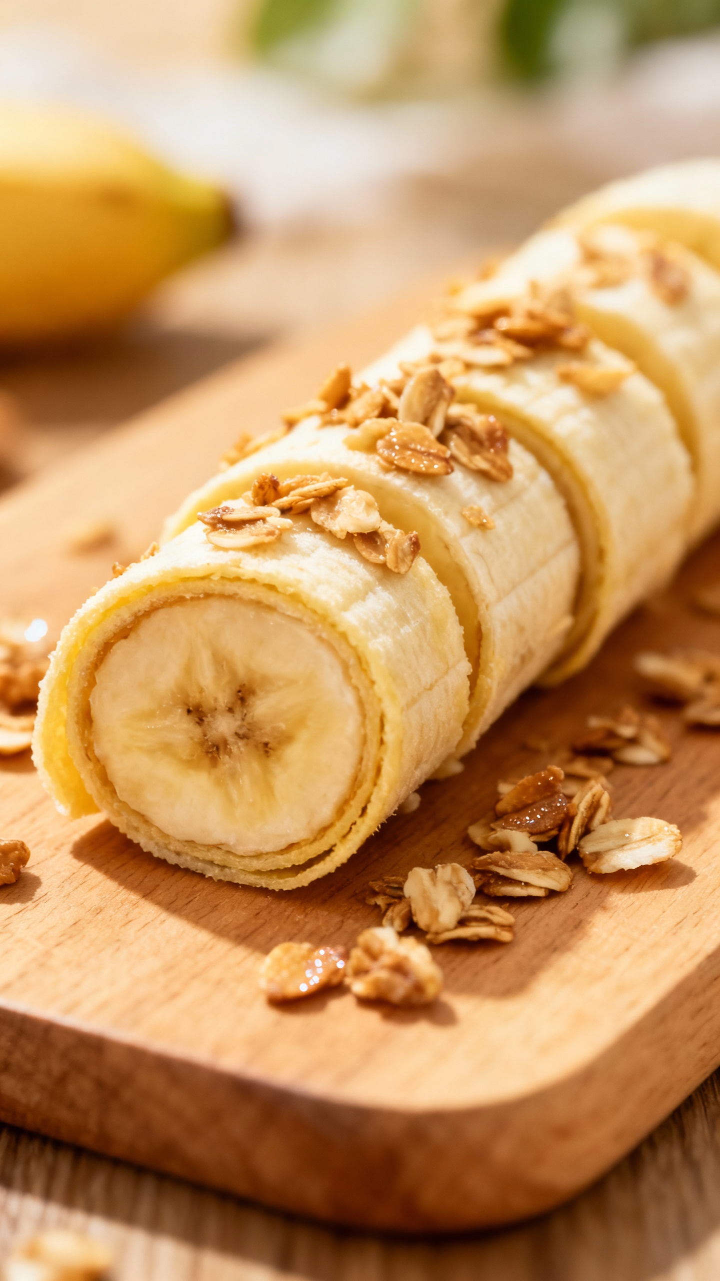 sliced banana roll-ups with granola sprinkle, natural light