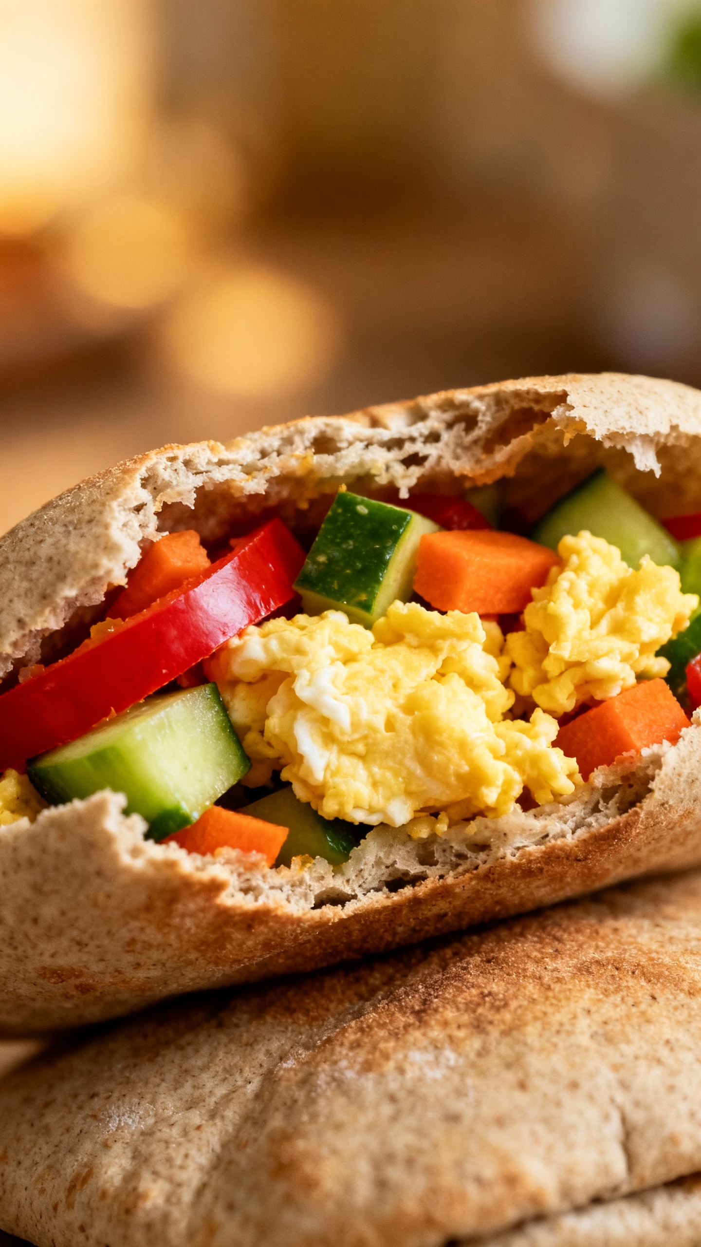 whole wheat pita stuffed with eggs and colorful veggies, close-up