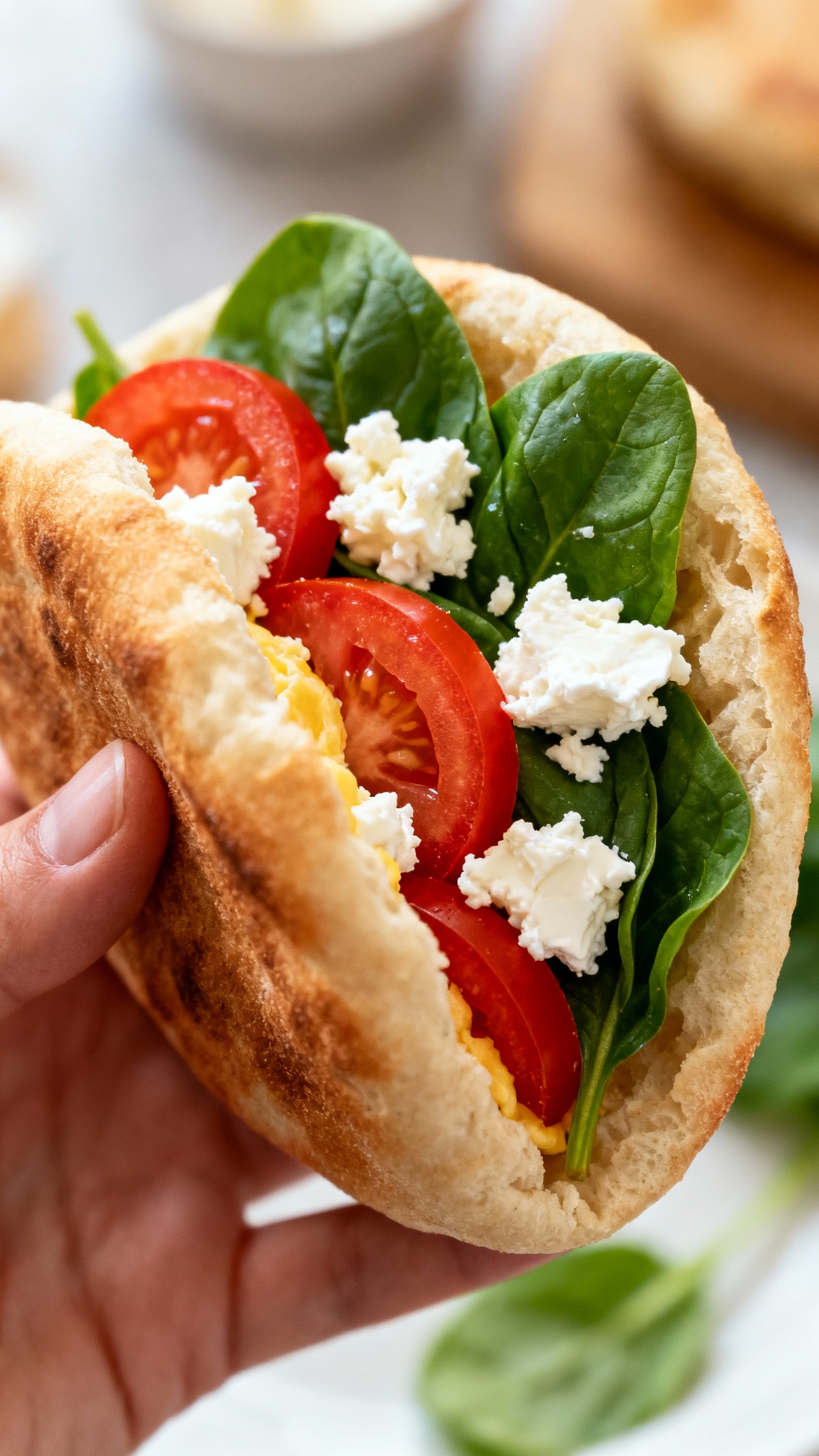 handheld breakfast pita with spinach, tomatoes, feta, natural light