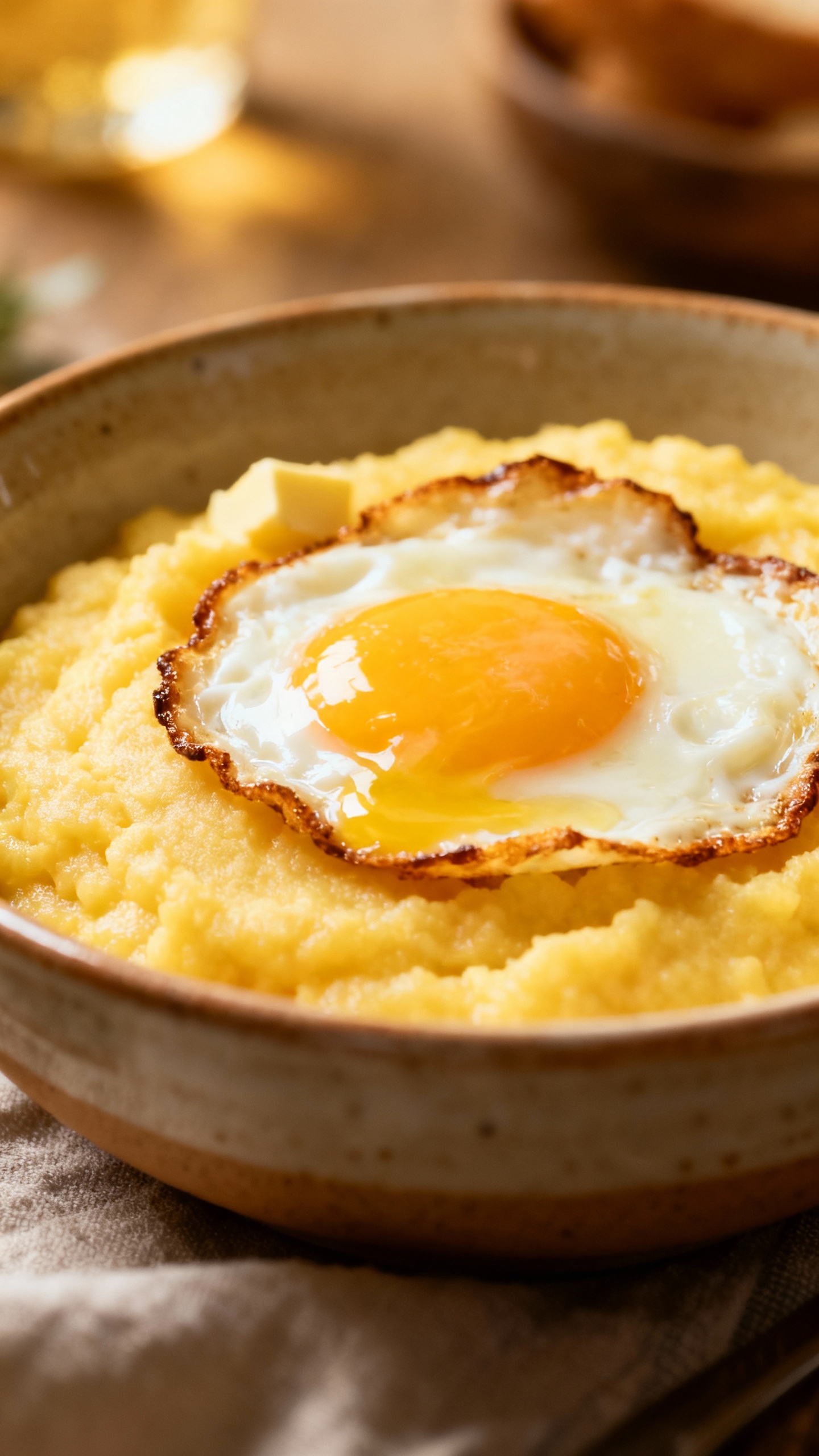 crispy fried egg on buttery polenta, ceramic bowl, natural light