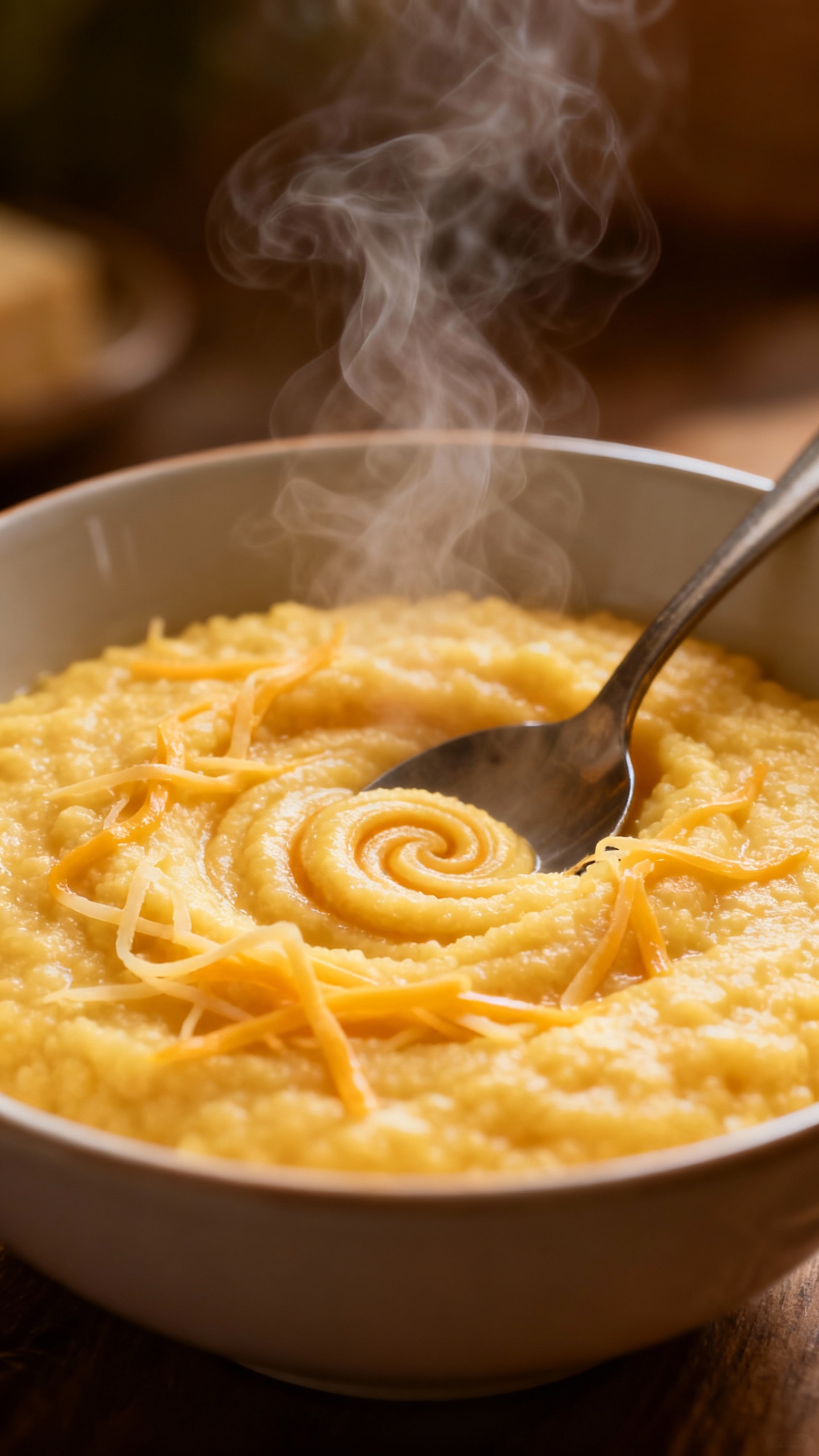 steaming cheesy polenta with spoon swirl, shallow depth of field