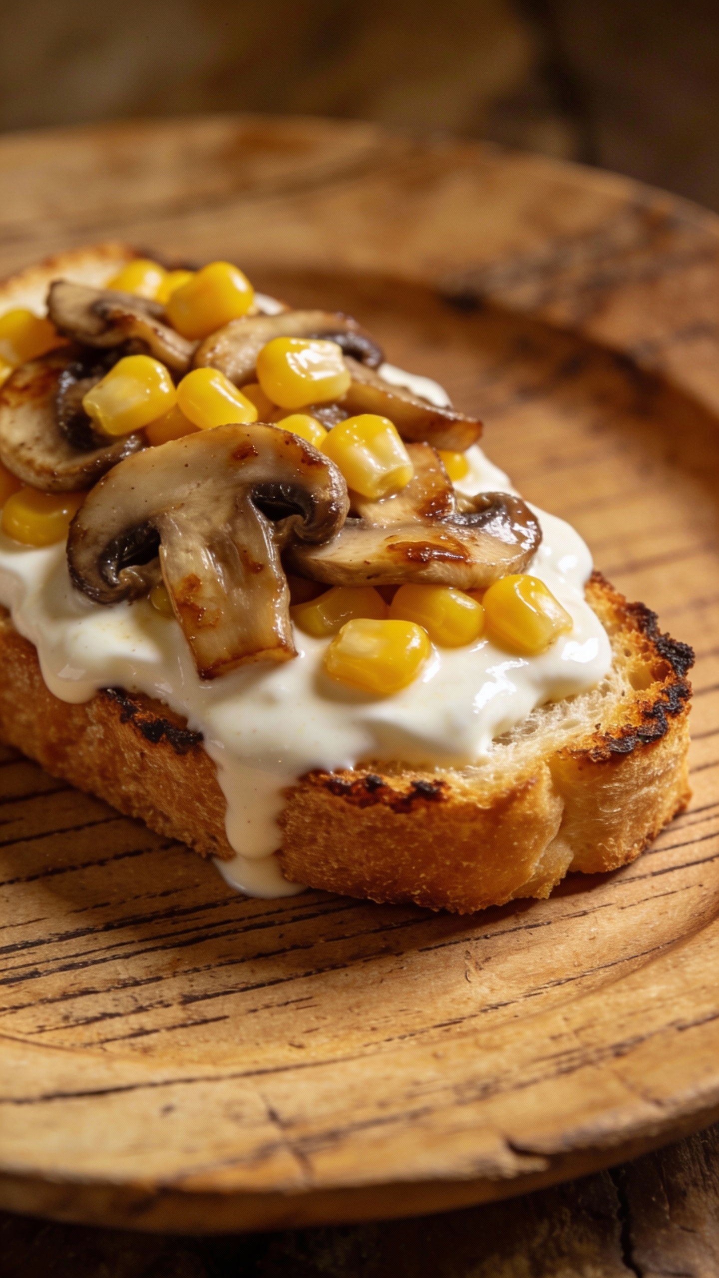 creamy white sauce mushroom corn toast on rustic plate