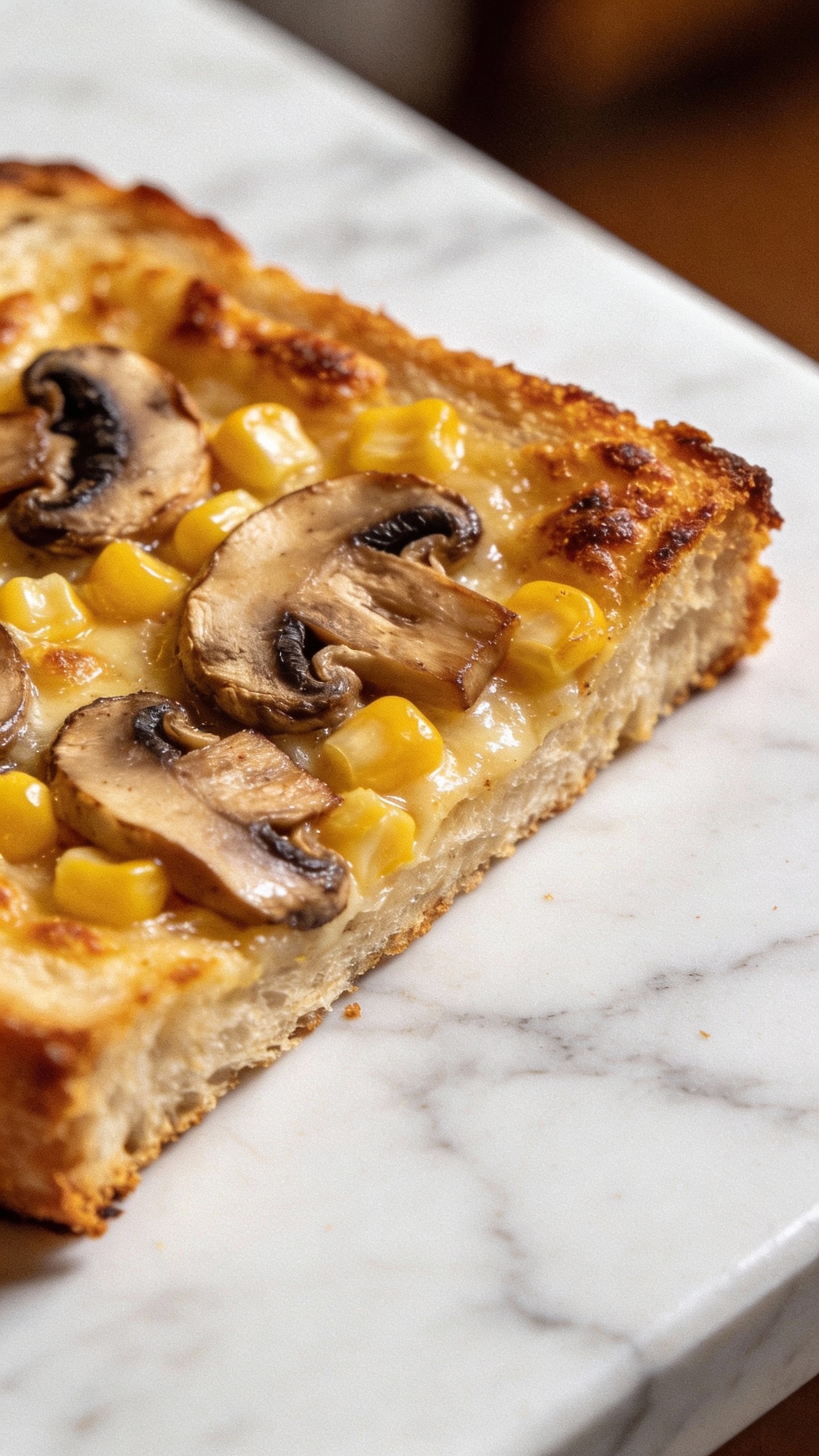 close-up cafe-style mushroom corn toast on marble tabletop