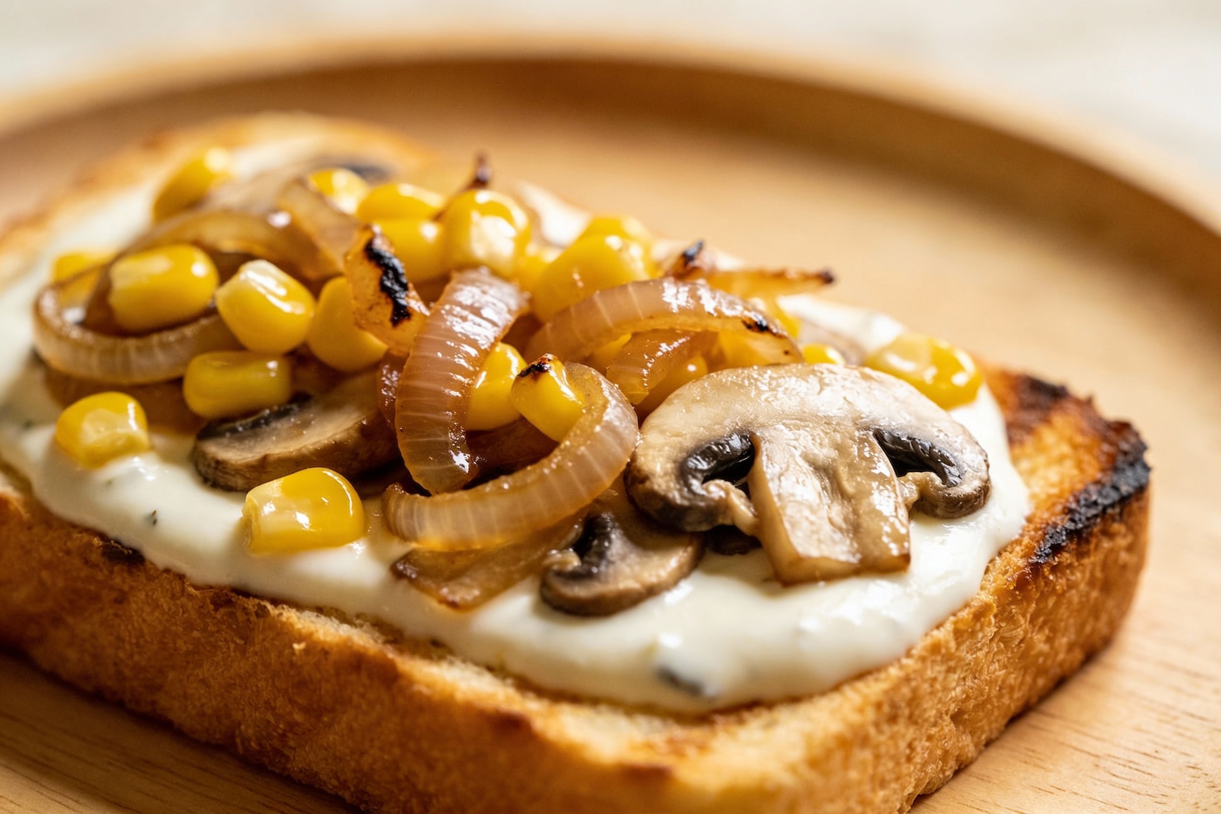 creamy white sauce onion corn mushroom toast for breakfast