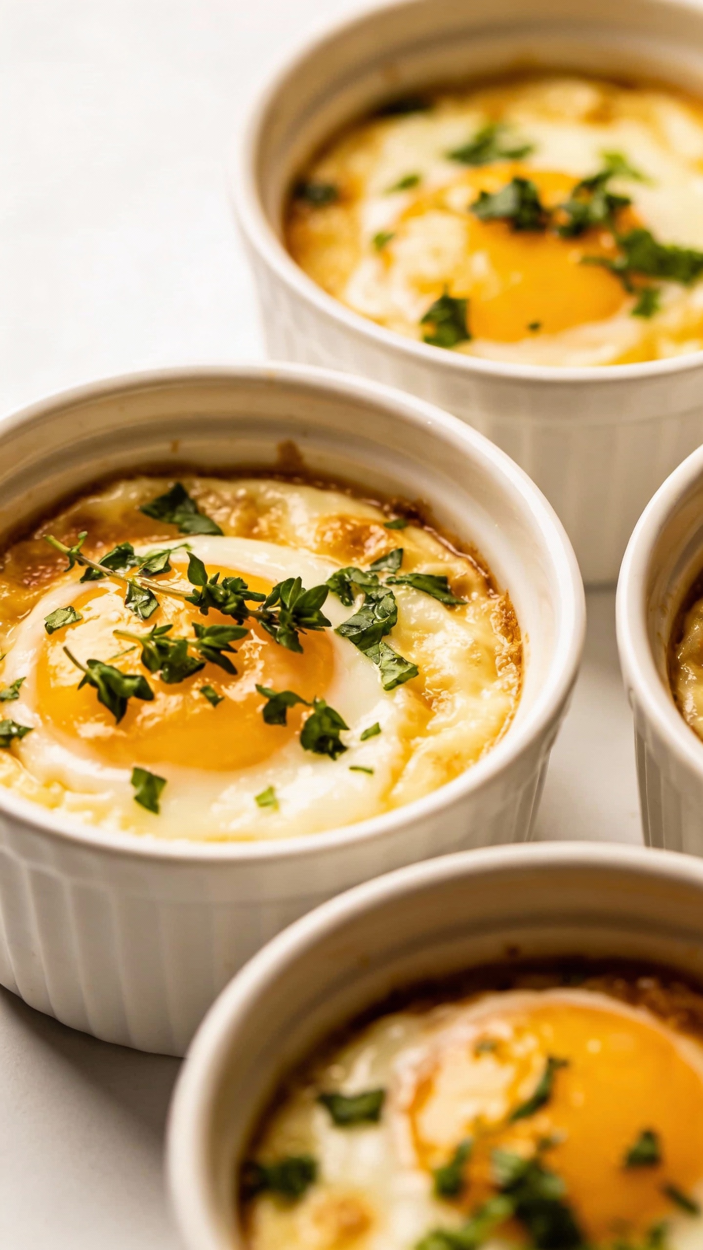 Soft-baked eggs with herbs in white ramekins, overhead