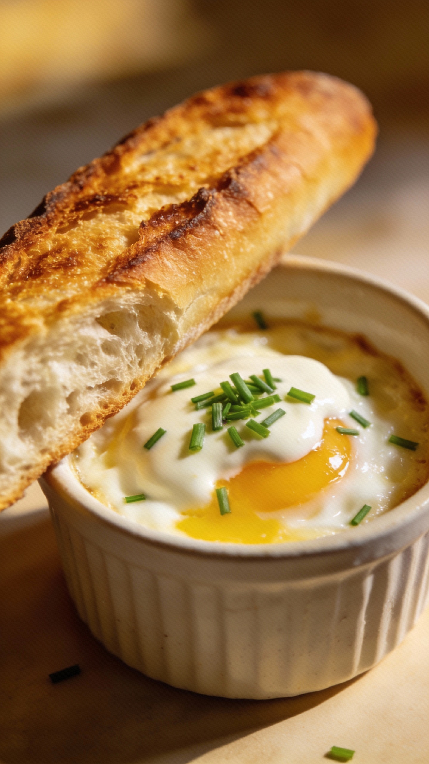 Shirred eggs with cream and chives, toasted baguette beside
