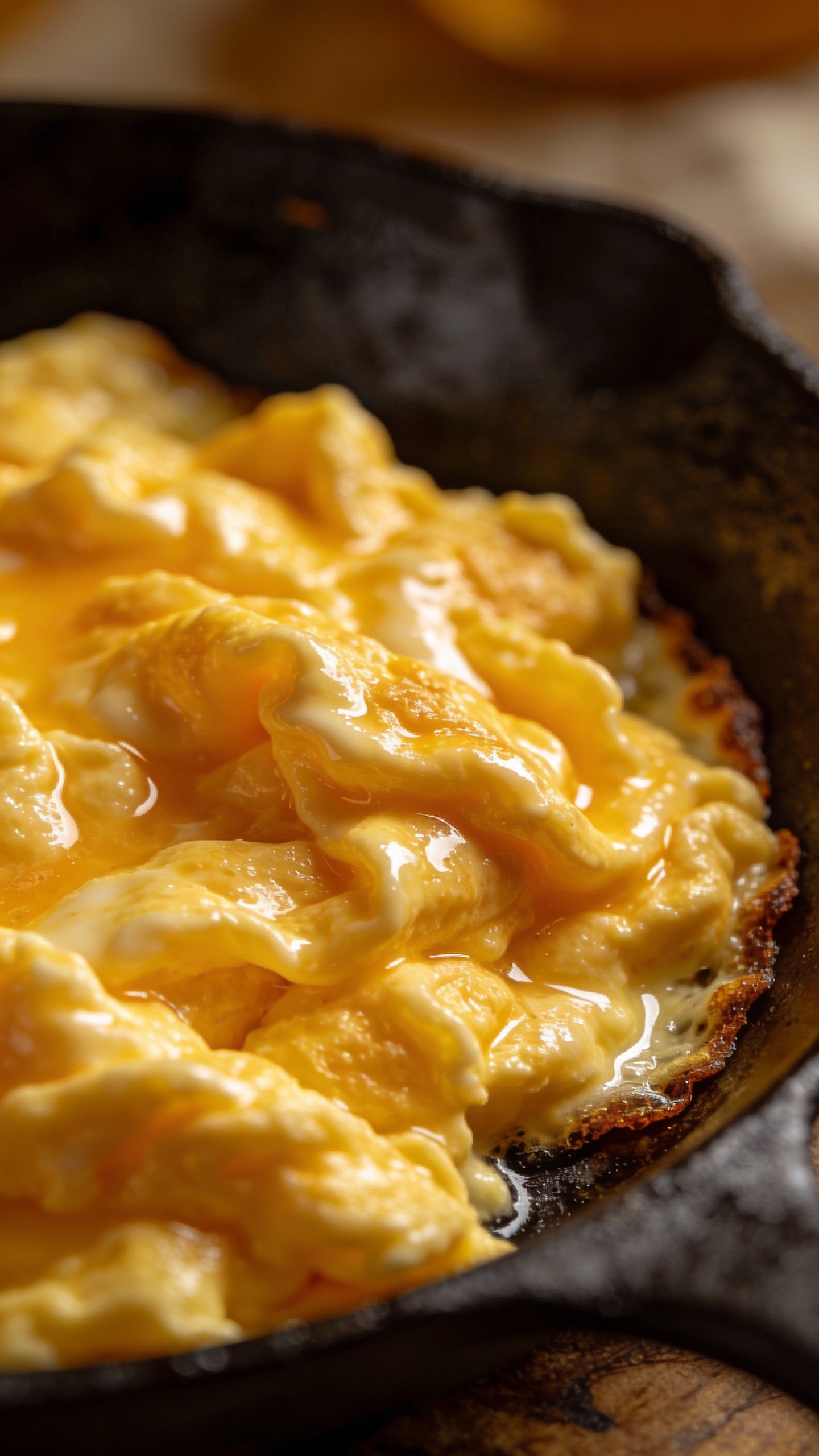 creamy French scrambled eggs in skillet, soft glossy curds