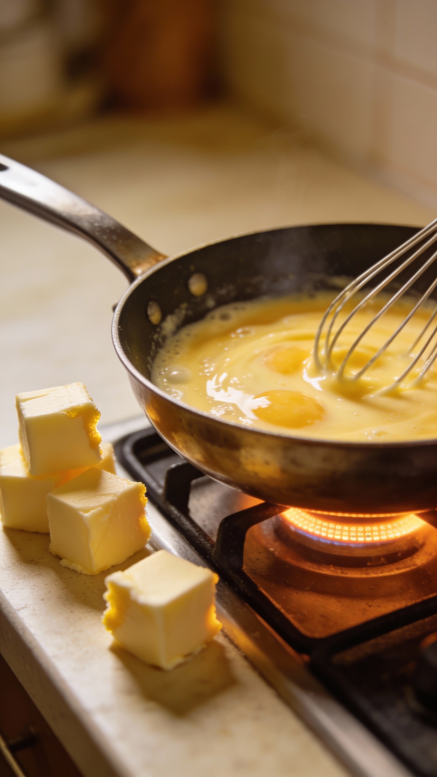 whisked eggs with butter cubes beside saucepan, low-heat setup
