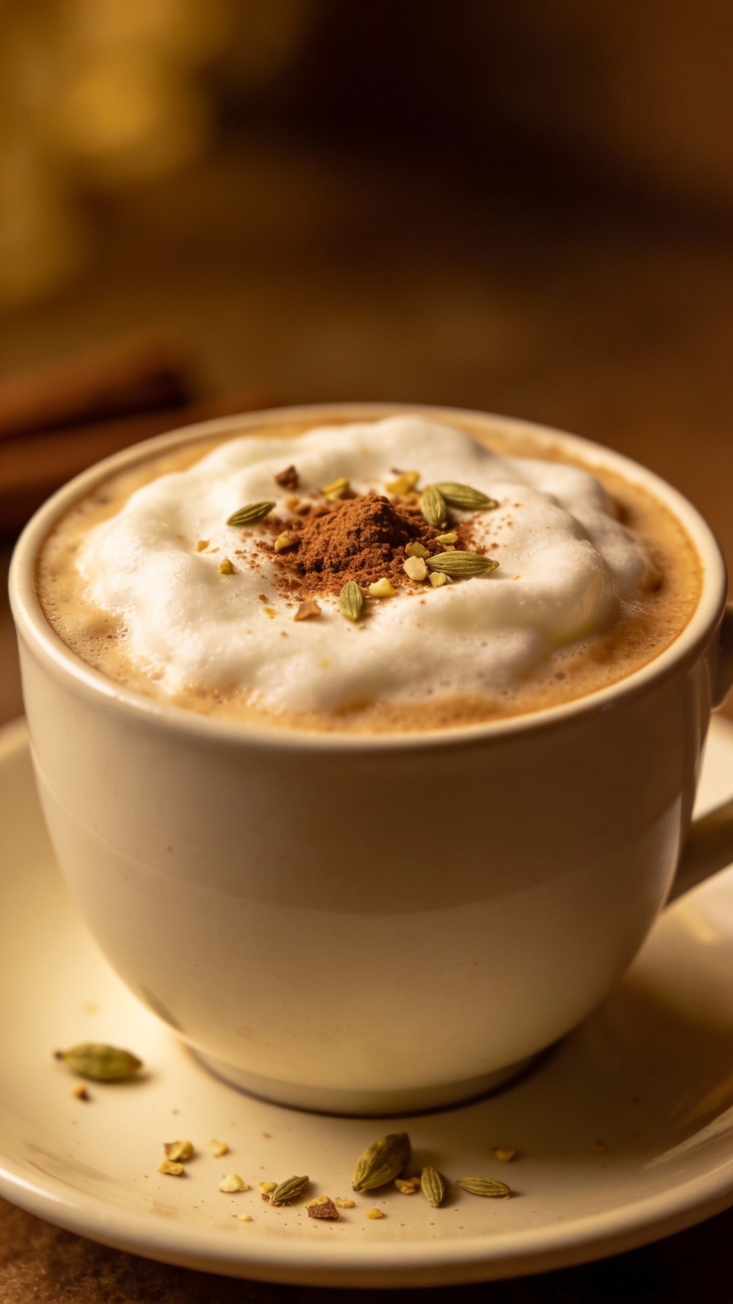 chai latte with foam, cinnamon and cardamom on saucer
