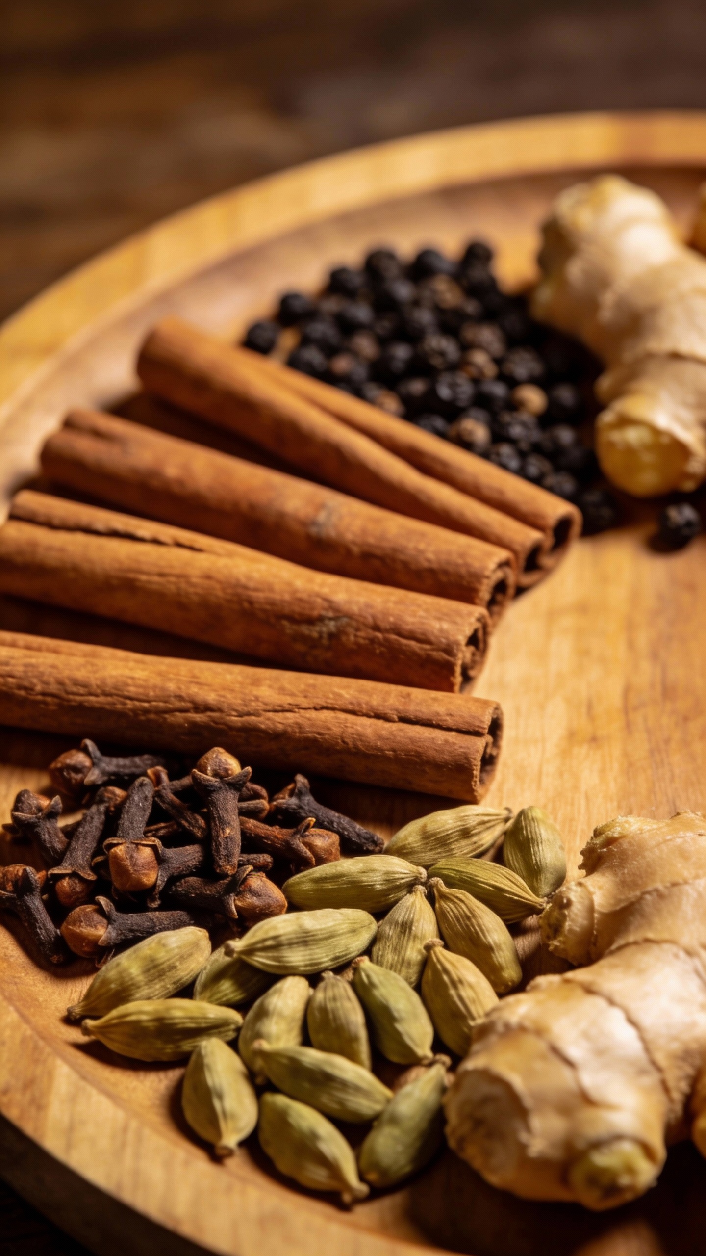 whole spices for chai: cinnamon, cardamom, cloves, ginger, peppercorns
