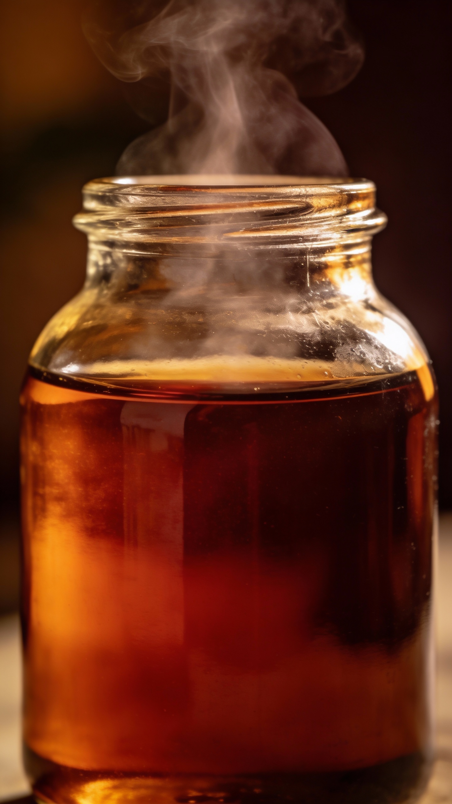 strong black tea concentrate in glass bottle, steam rising