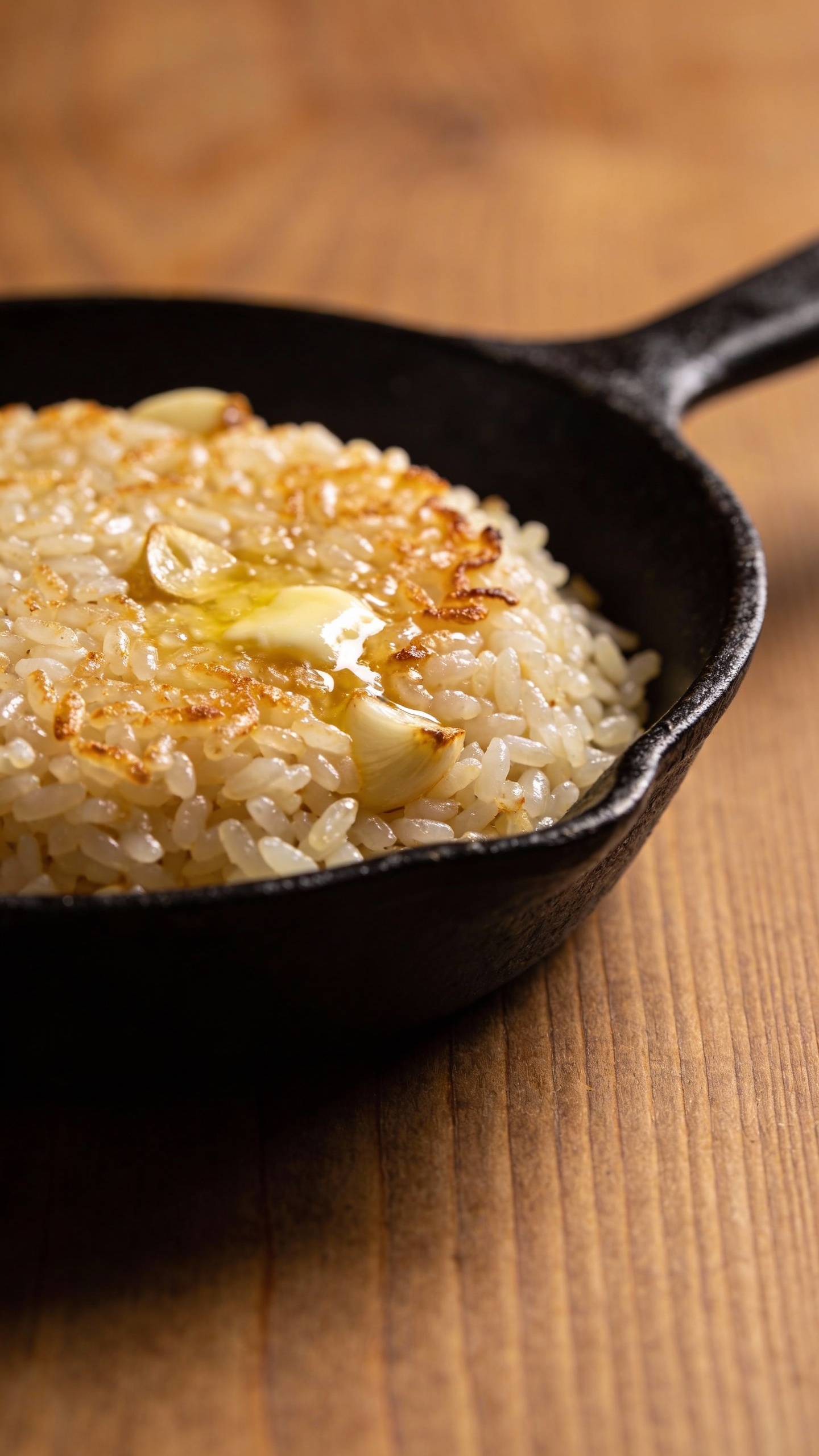 short-grain garlic butter rice in cast-iron skillet