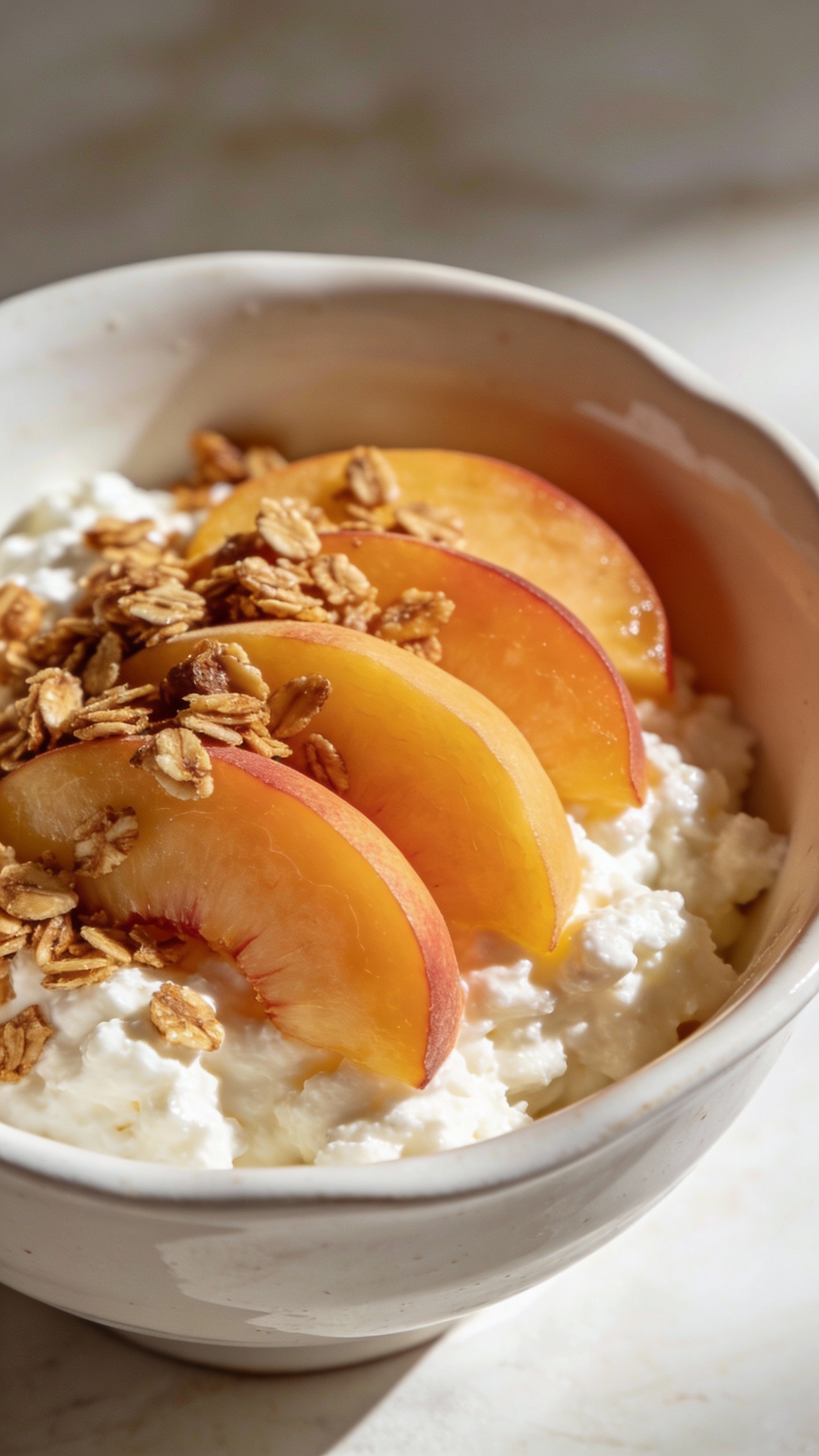 Cottage cheese, sliced peaches, granola, white ceramic bowl