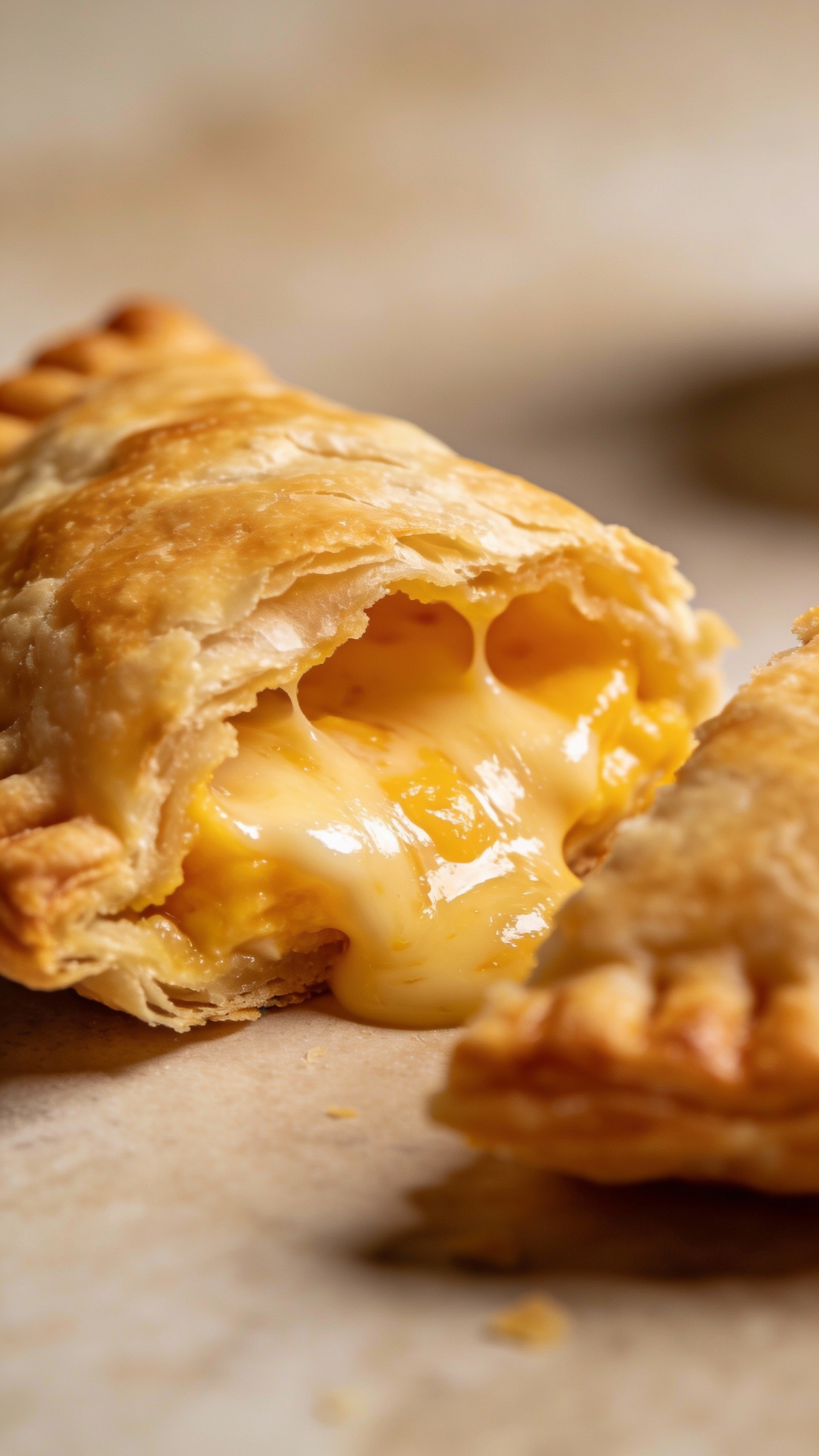 flaky breakfast hand pie cut open, gooey cheese melt