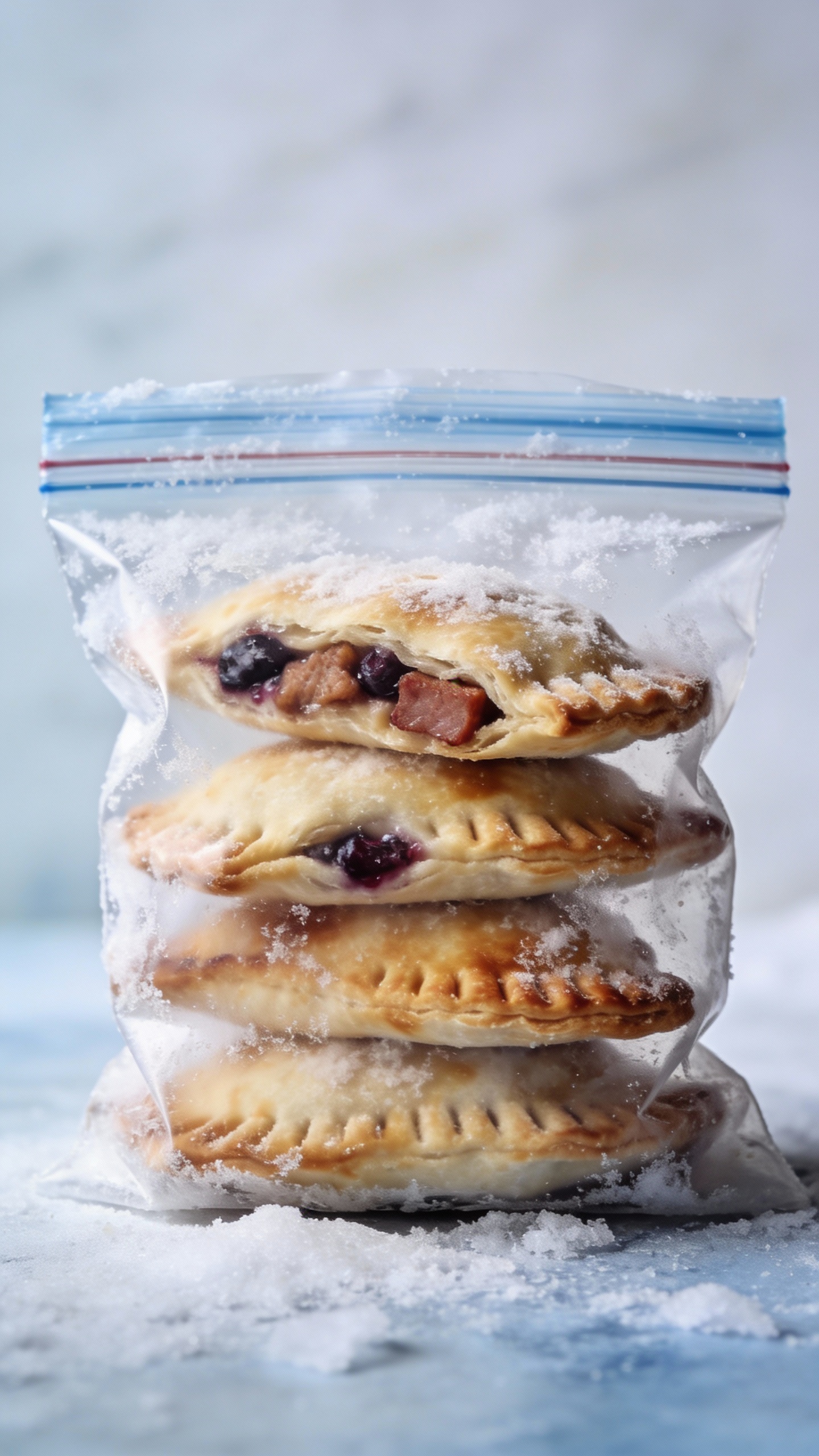 frozen breakfast hand pies stacked in labeled freezer bag