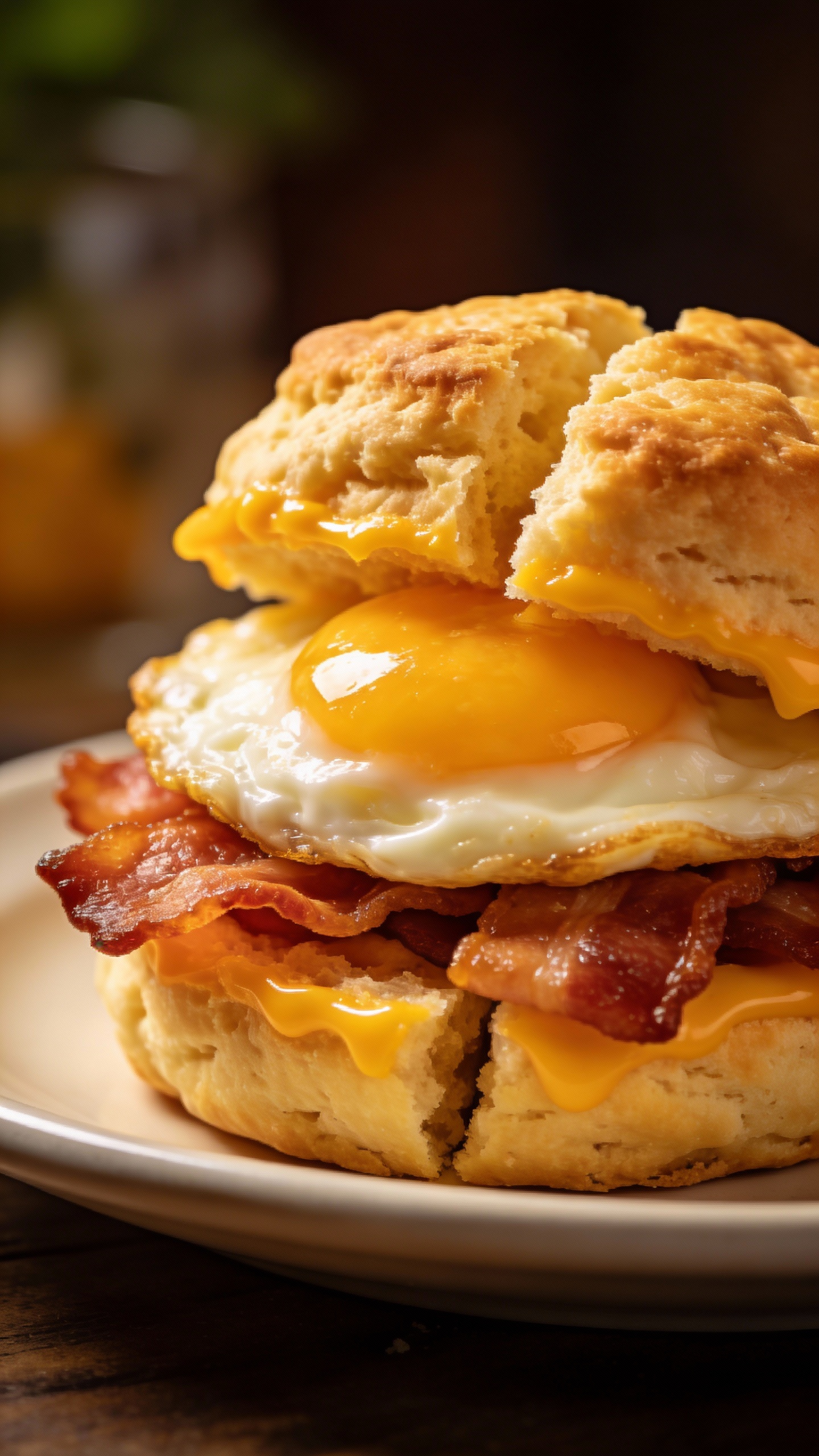 split cheddar biscuit breakfast sandwich with egg and bacon