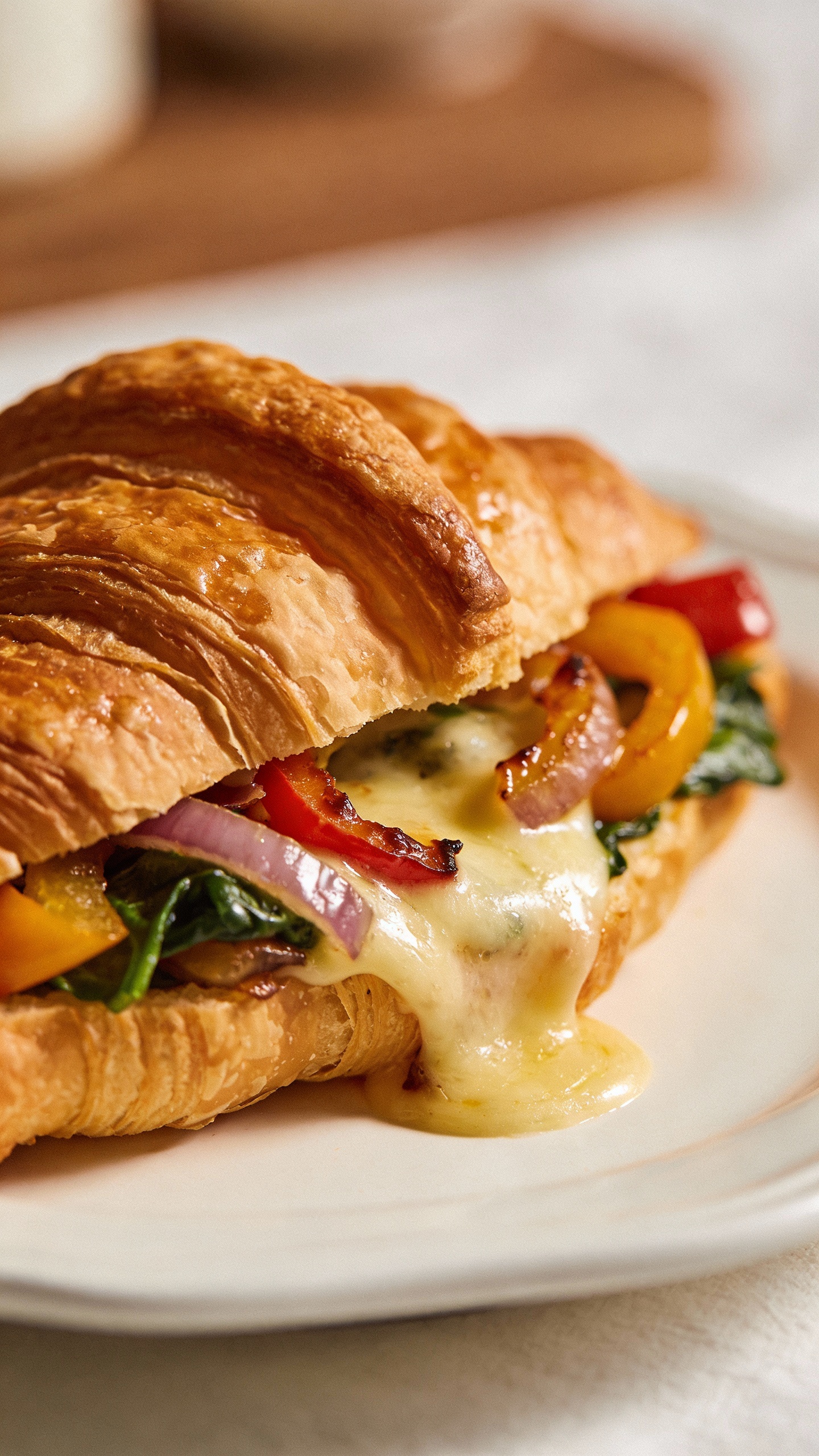 golden veggie-stuffed croissant on white plate, oozing cheese