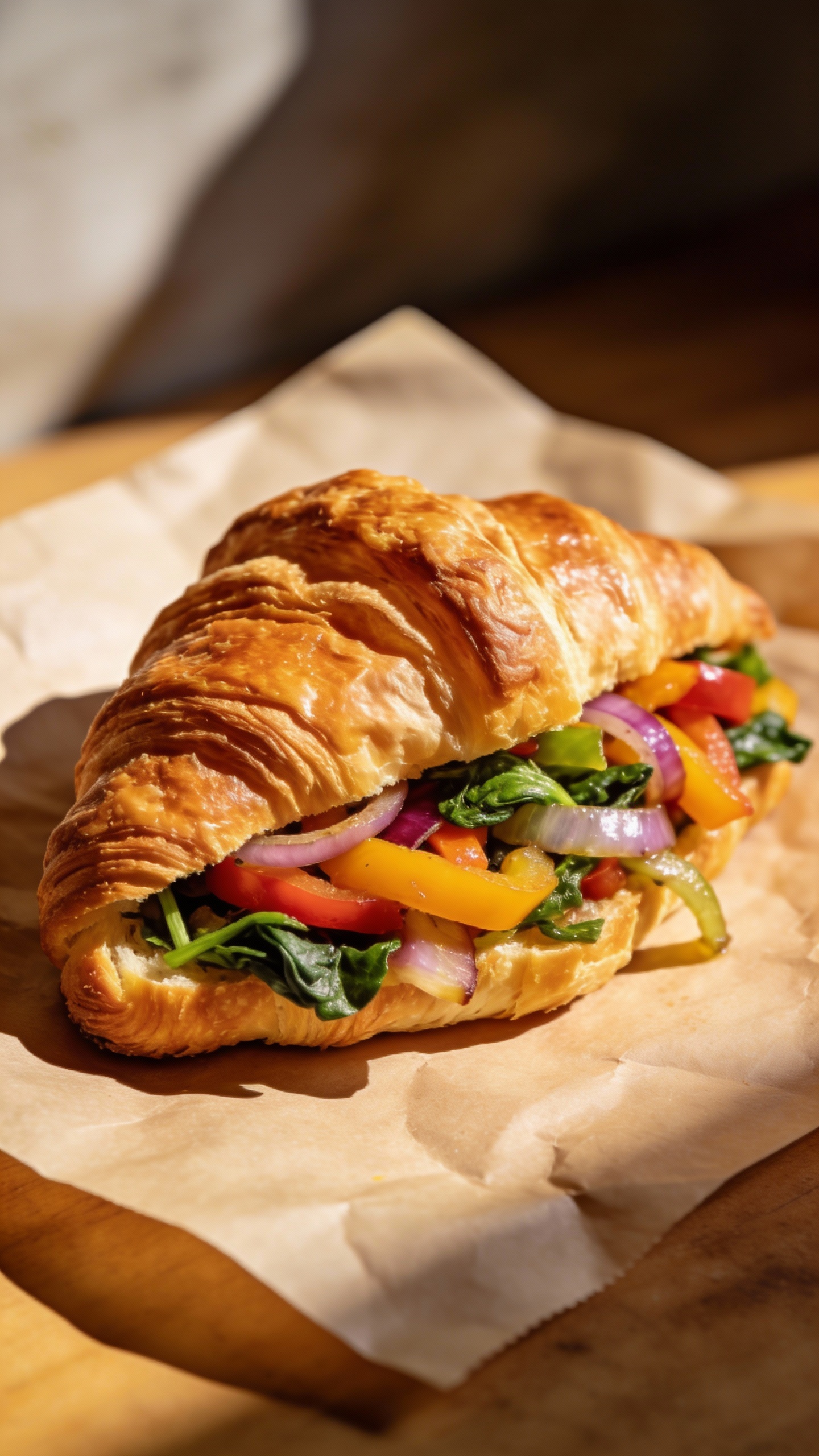 flaky croissant filled with sautéed veg on parchment, natural light