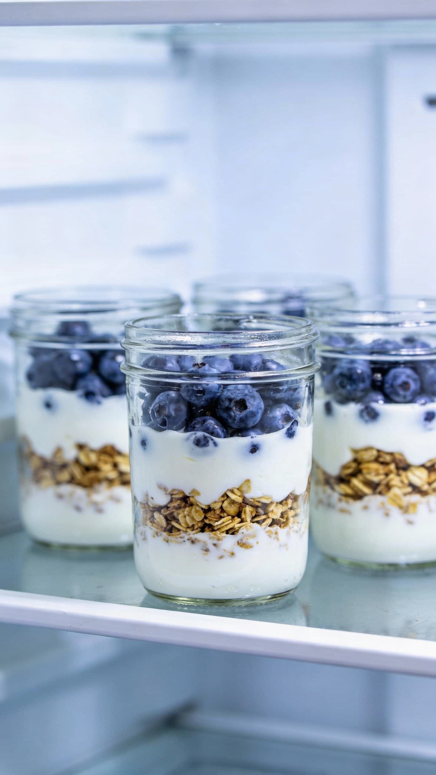 meal-prepped blueberry yogurt parfaits in mason jars, fridge shelf