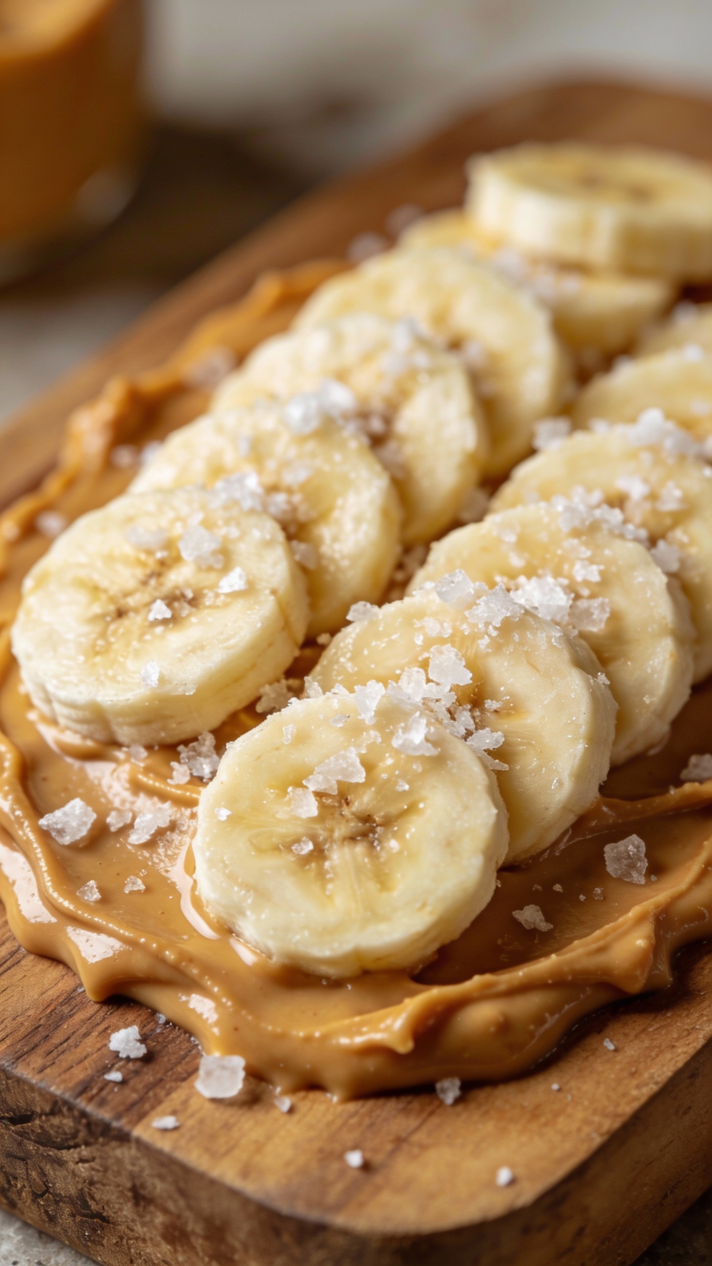 close-up creamy peanut butter spread, sliced banana, sea salt