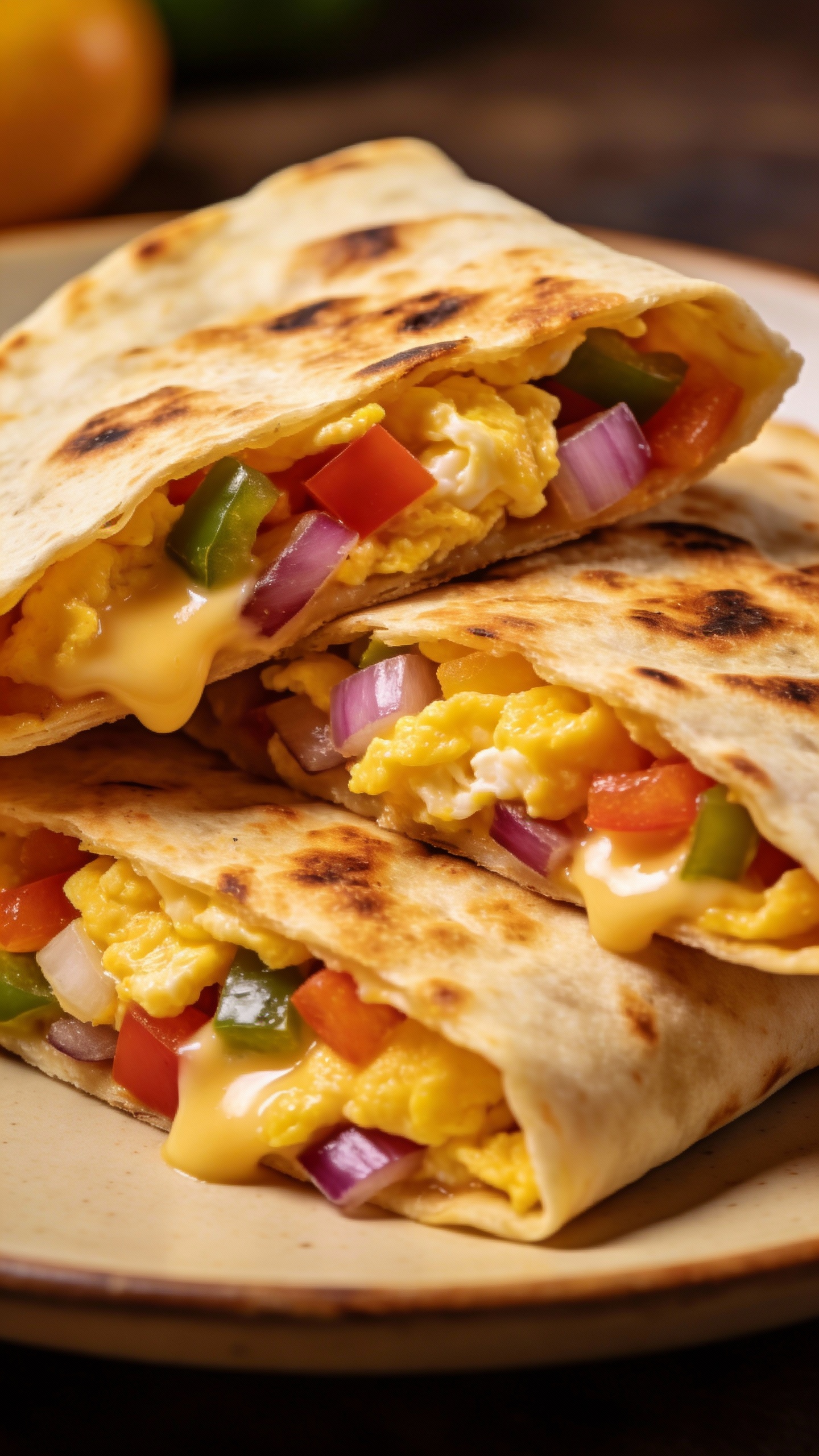 crispy breakfast quesadilla with eggs, veggies, and cheese