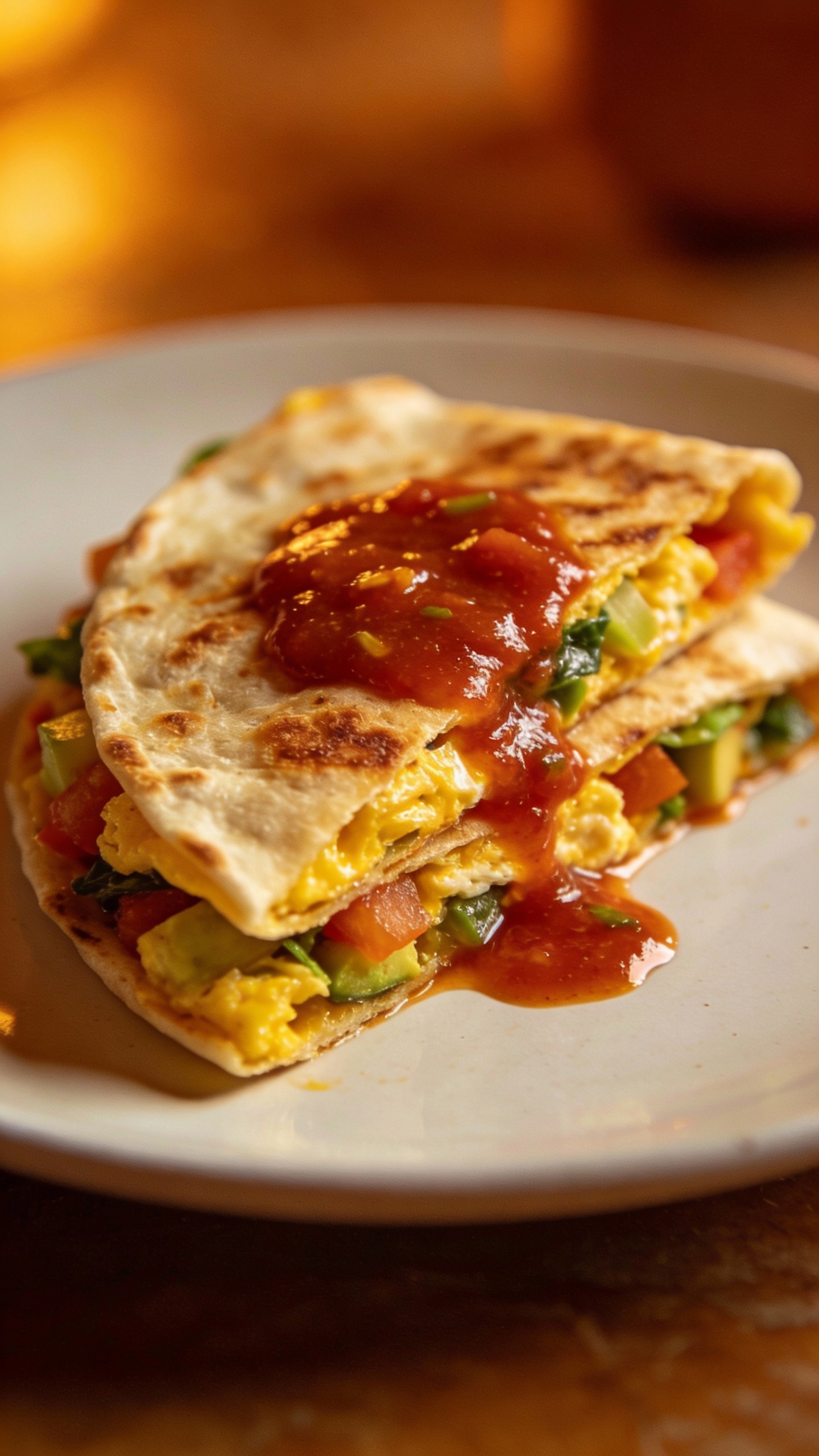 folded veggie egg quesadilla with salsa on white plate