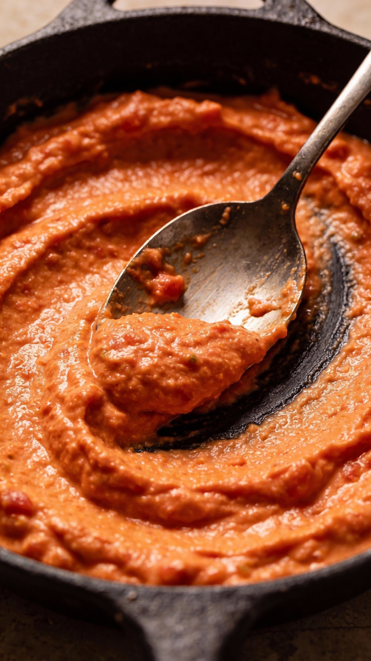 skillet creamy tomato spread with spoon, overhead shot