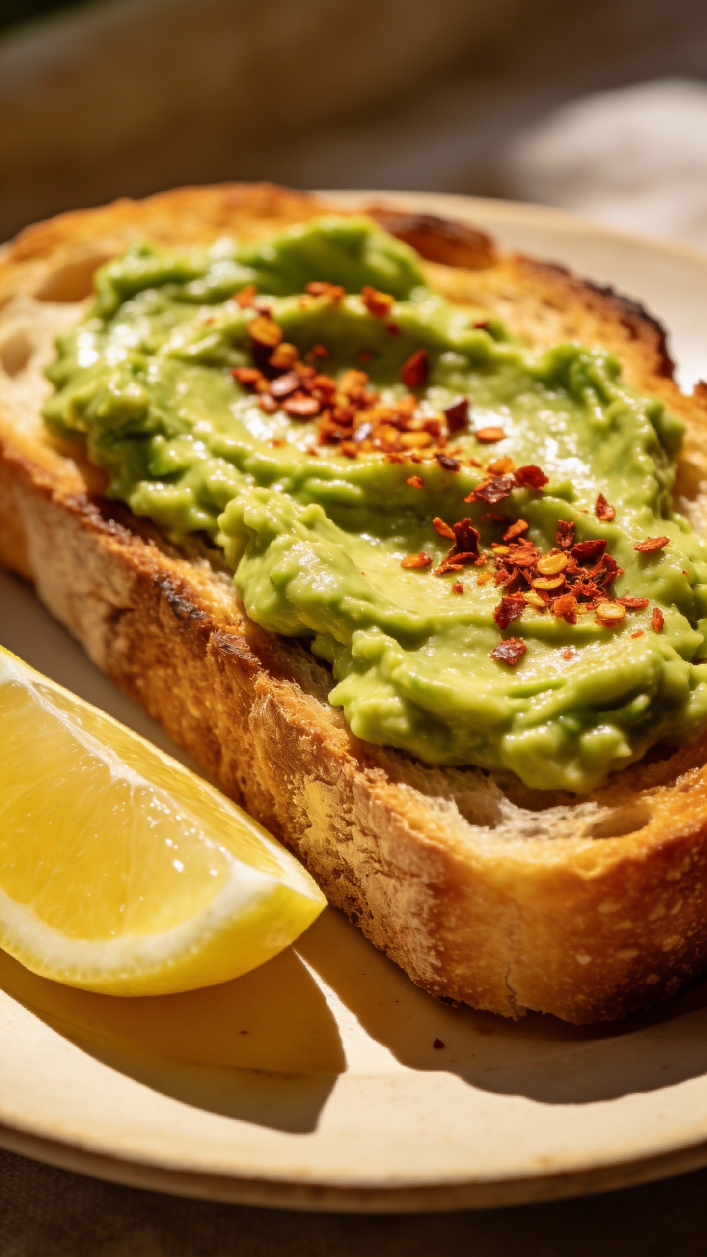 avocado toast on hot sourdough with lemon wedge, chili flakes