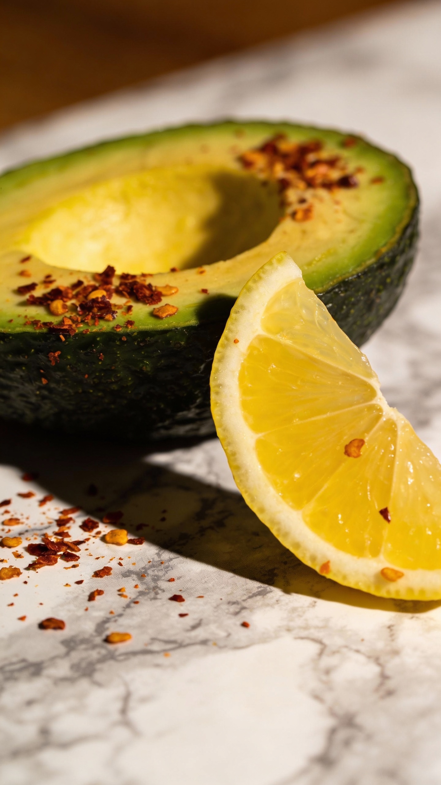 ripe avocado half, chili flakes, lemon slice on marble