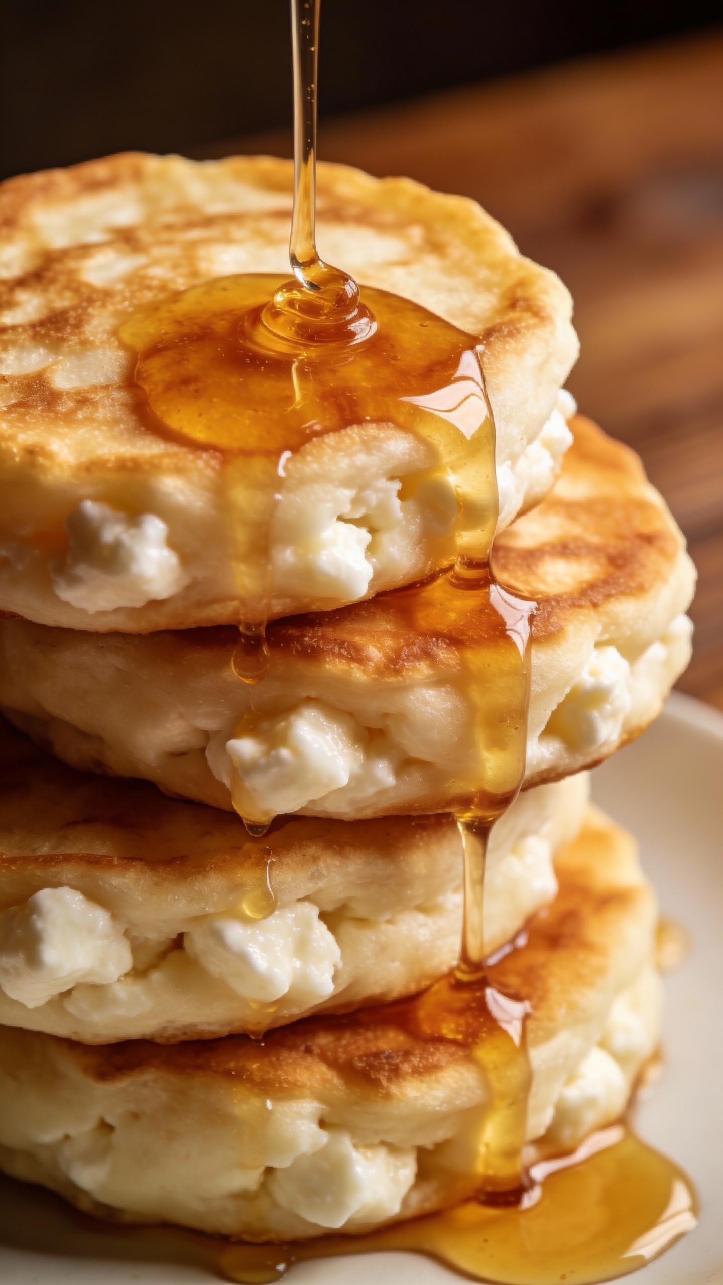 fluffy cottage cheese pancakes stacked, warm honey drizzle