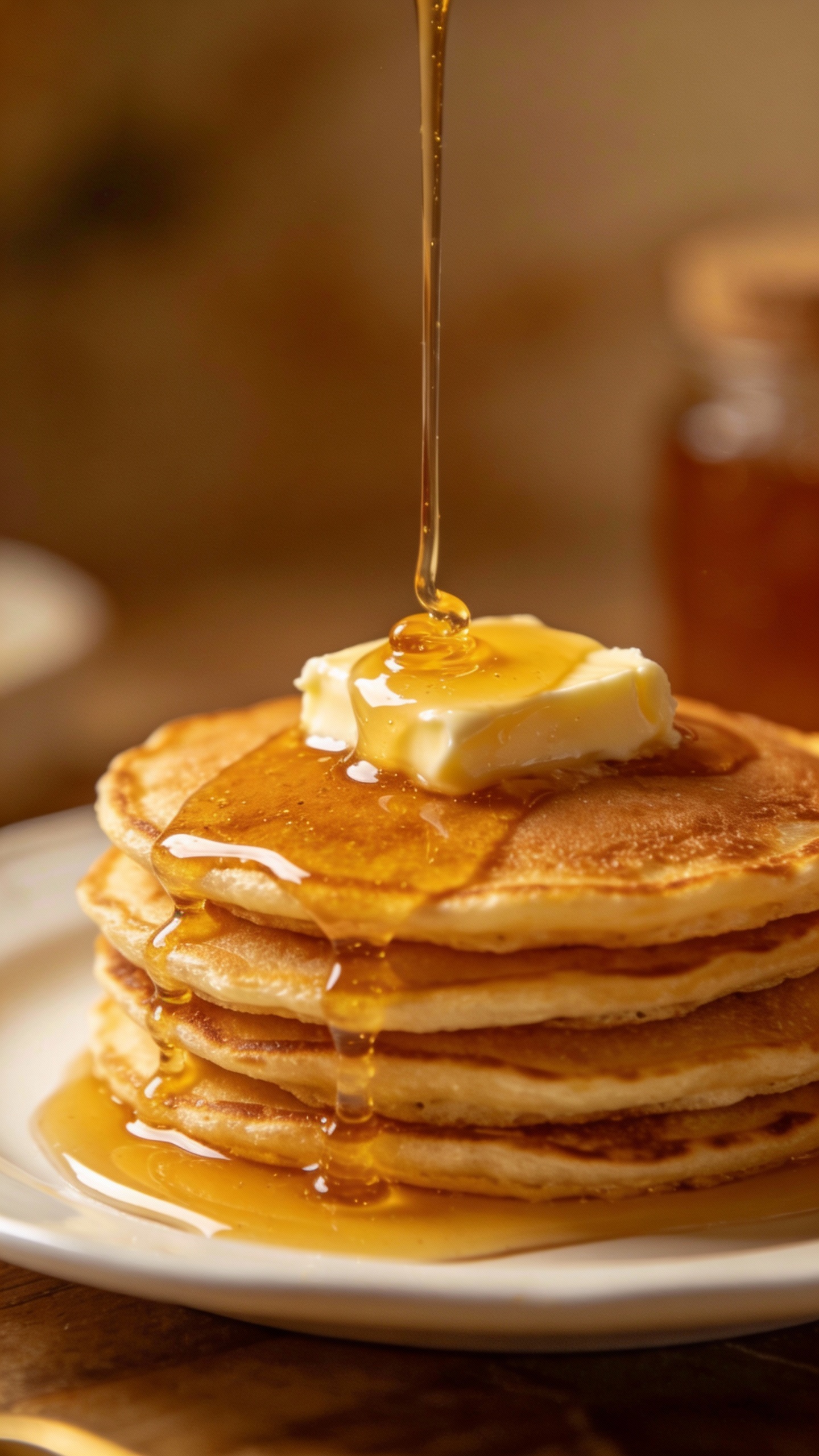 golden pancakes on white plate, melting butter, honey glaze