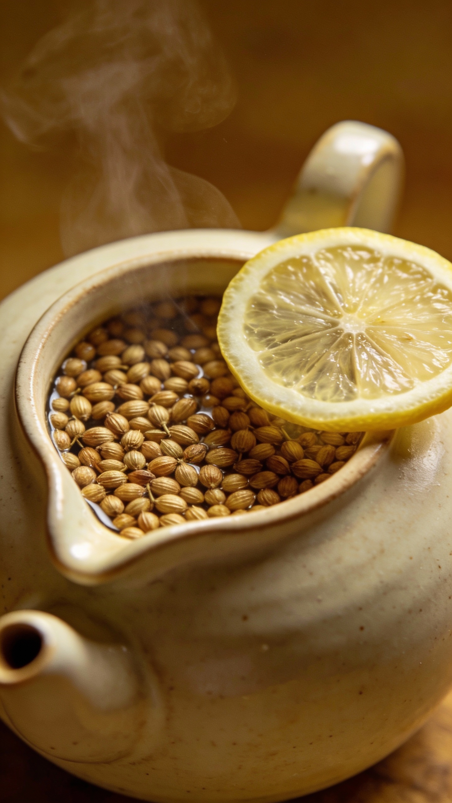 coriander seeds steeping in teapot with lemon slice