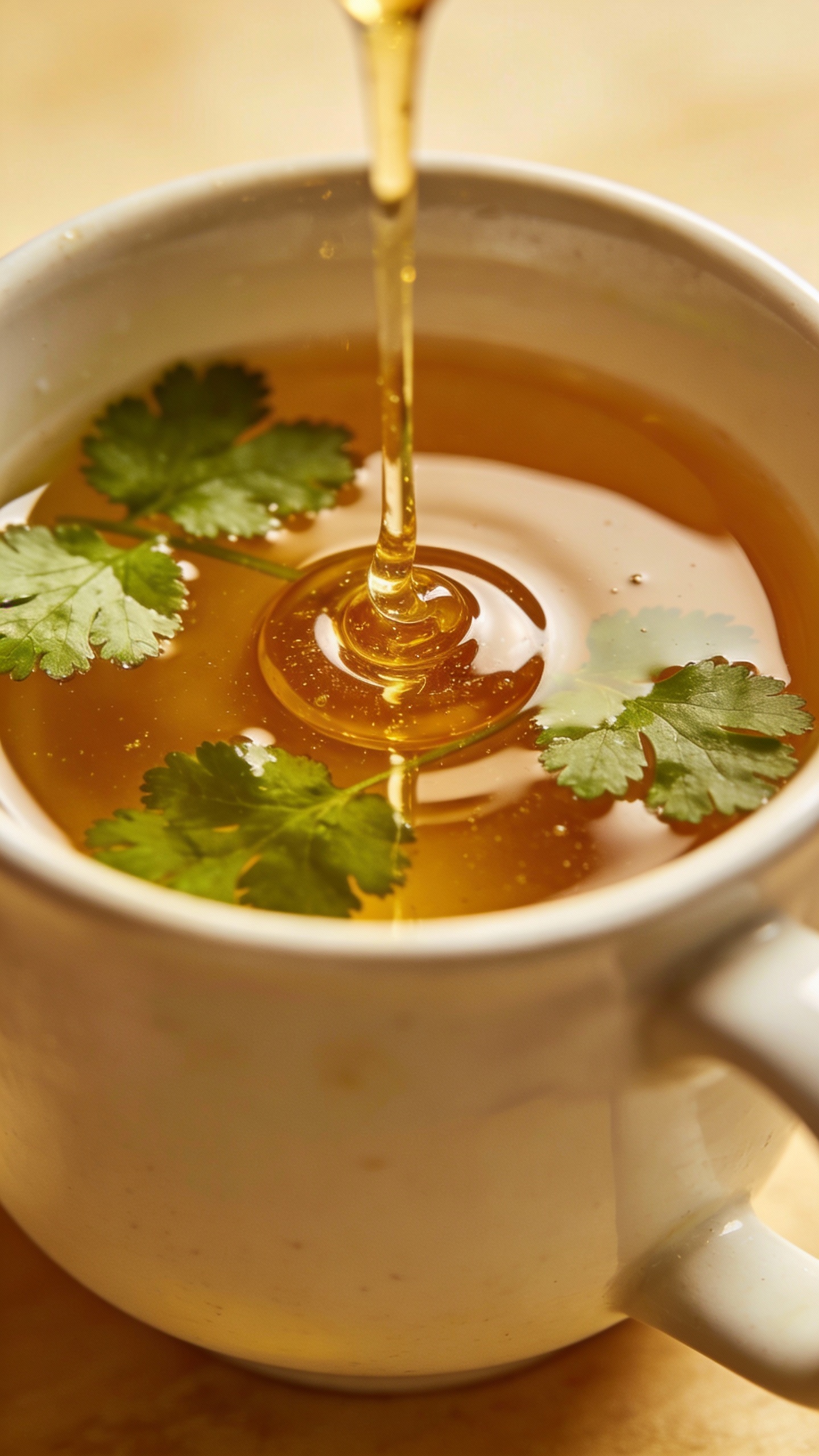 honey drizzle over coriander tea in white ceramic cup