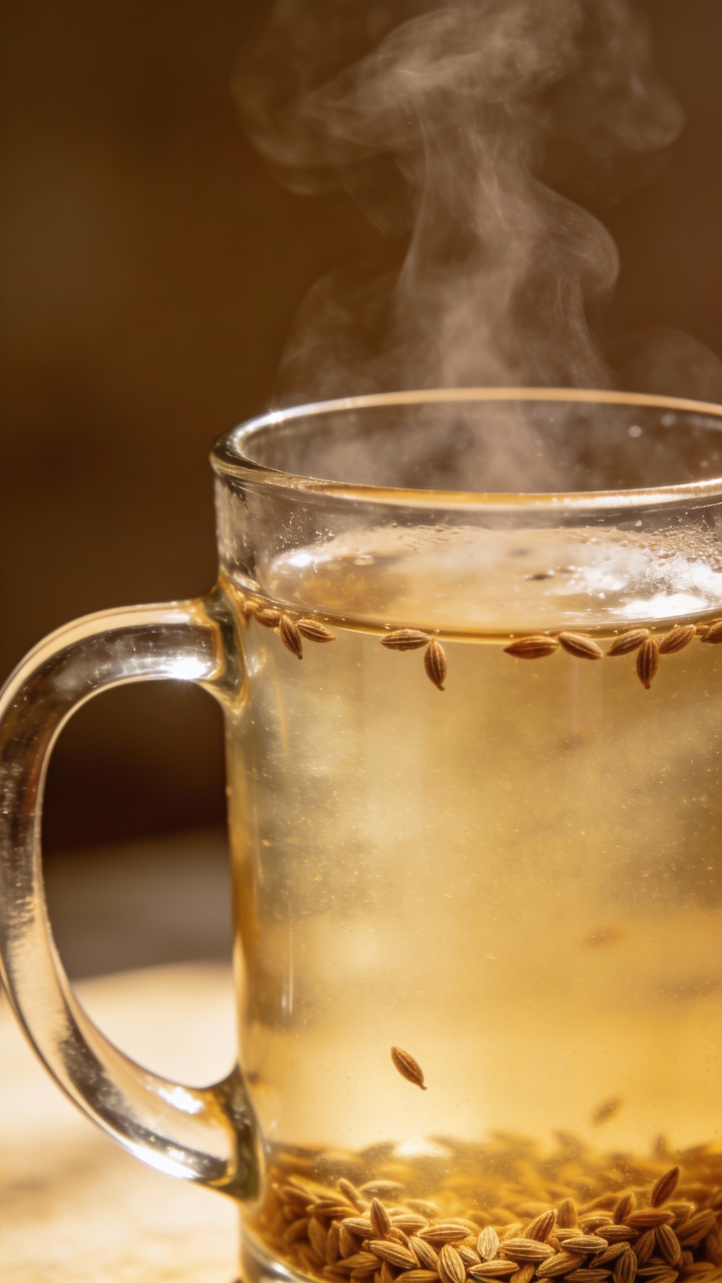 steaming jeera water in clear glass mug