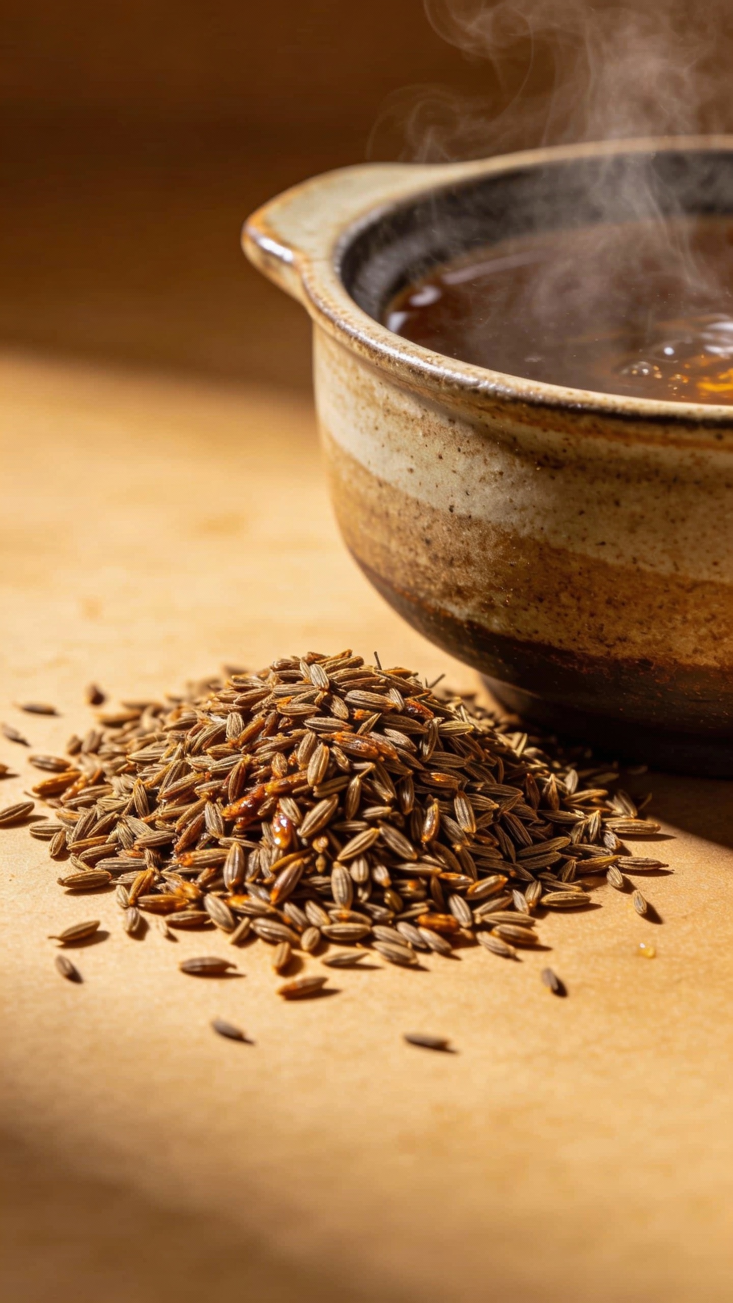 toasted cumin seeds beside simmering pot