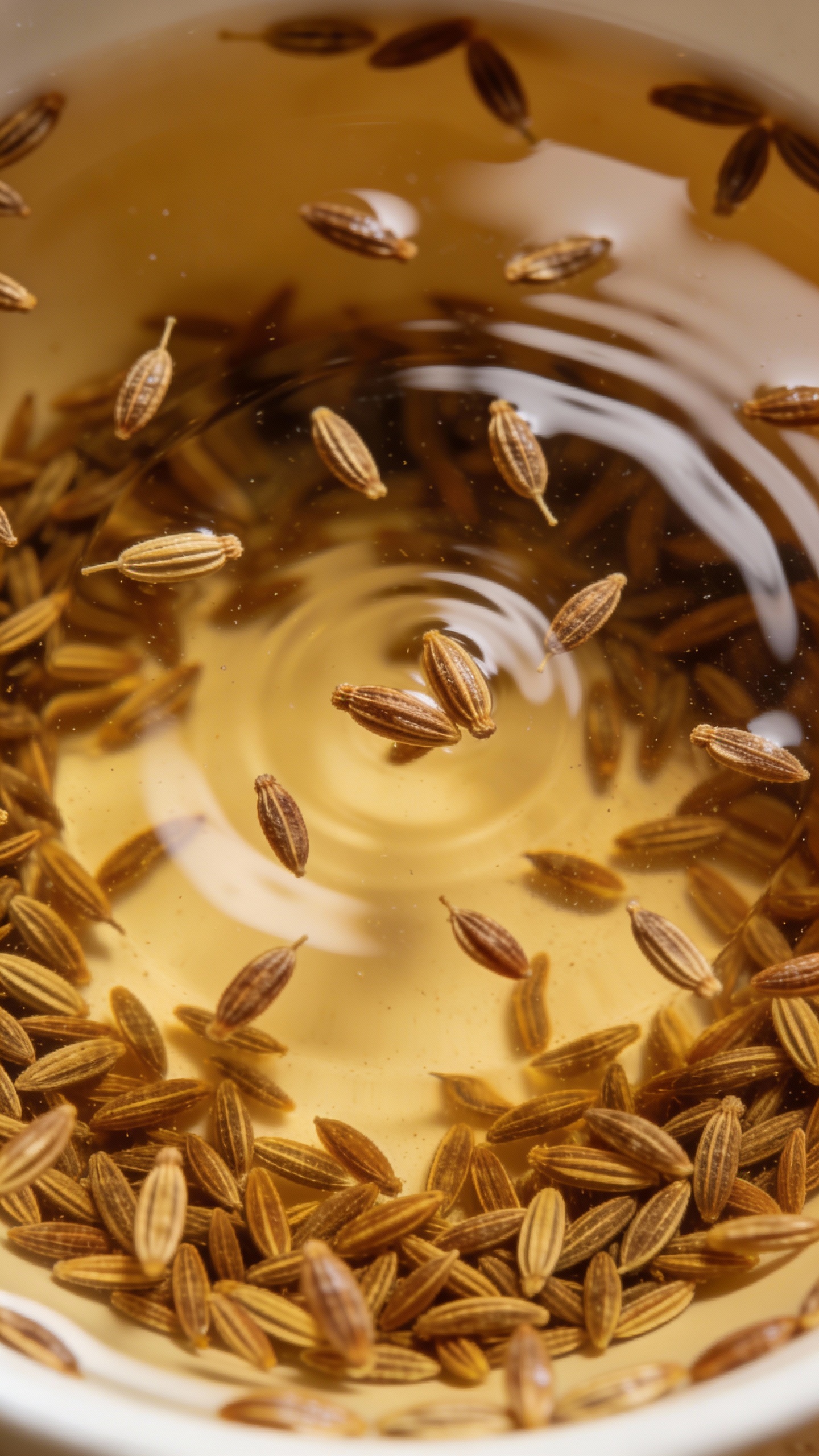 cumin seeds steeping in hot water top-down shot