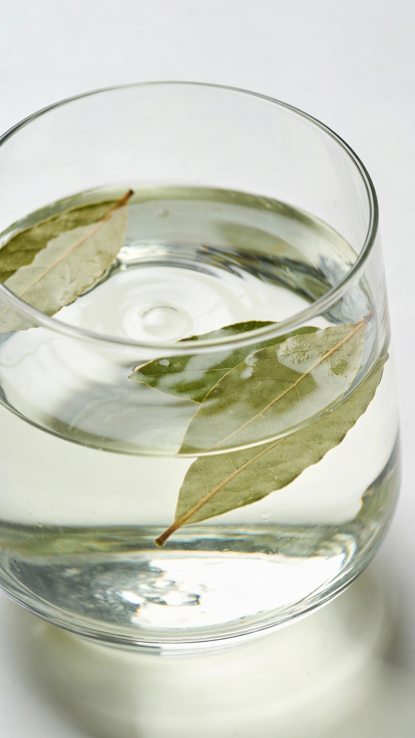 bay leaf herbal water in clear glass, white background