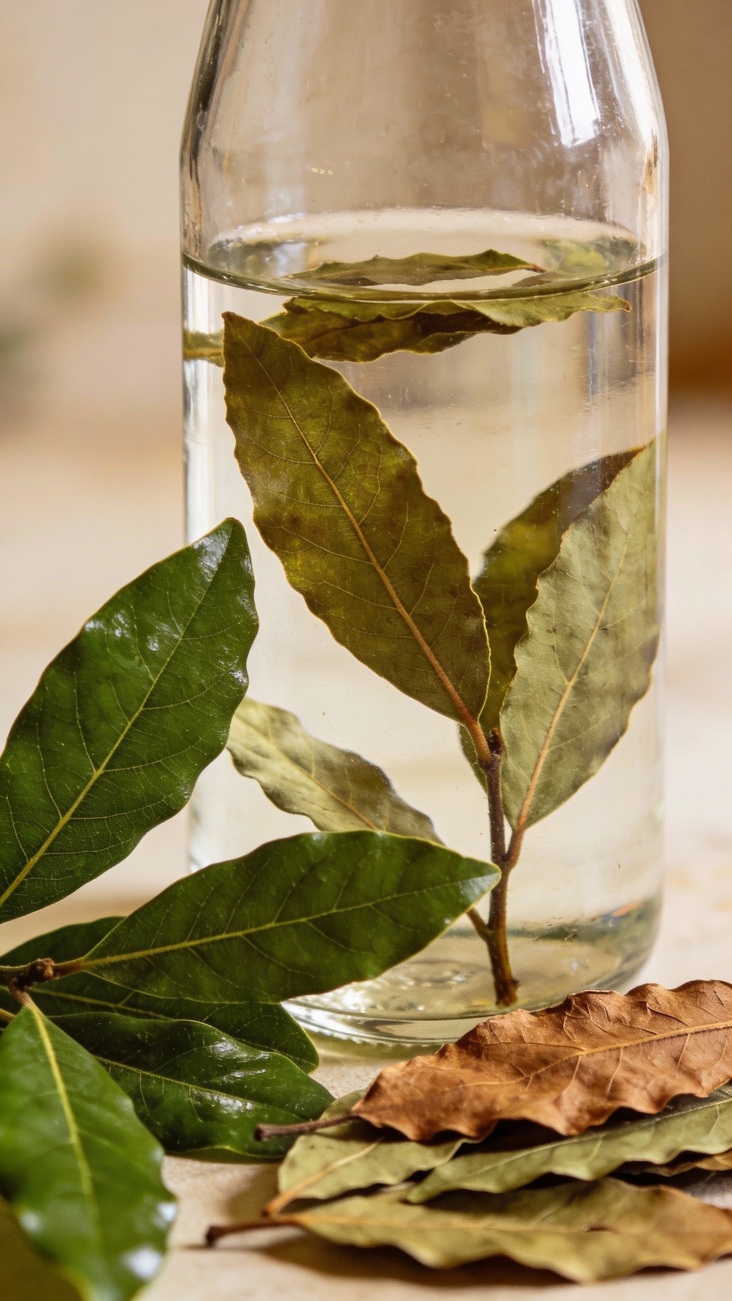fresh and dried bay leaves beside infused water bottle
