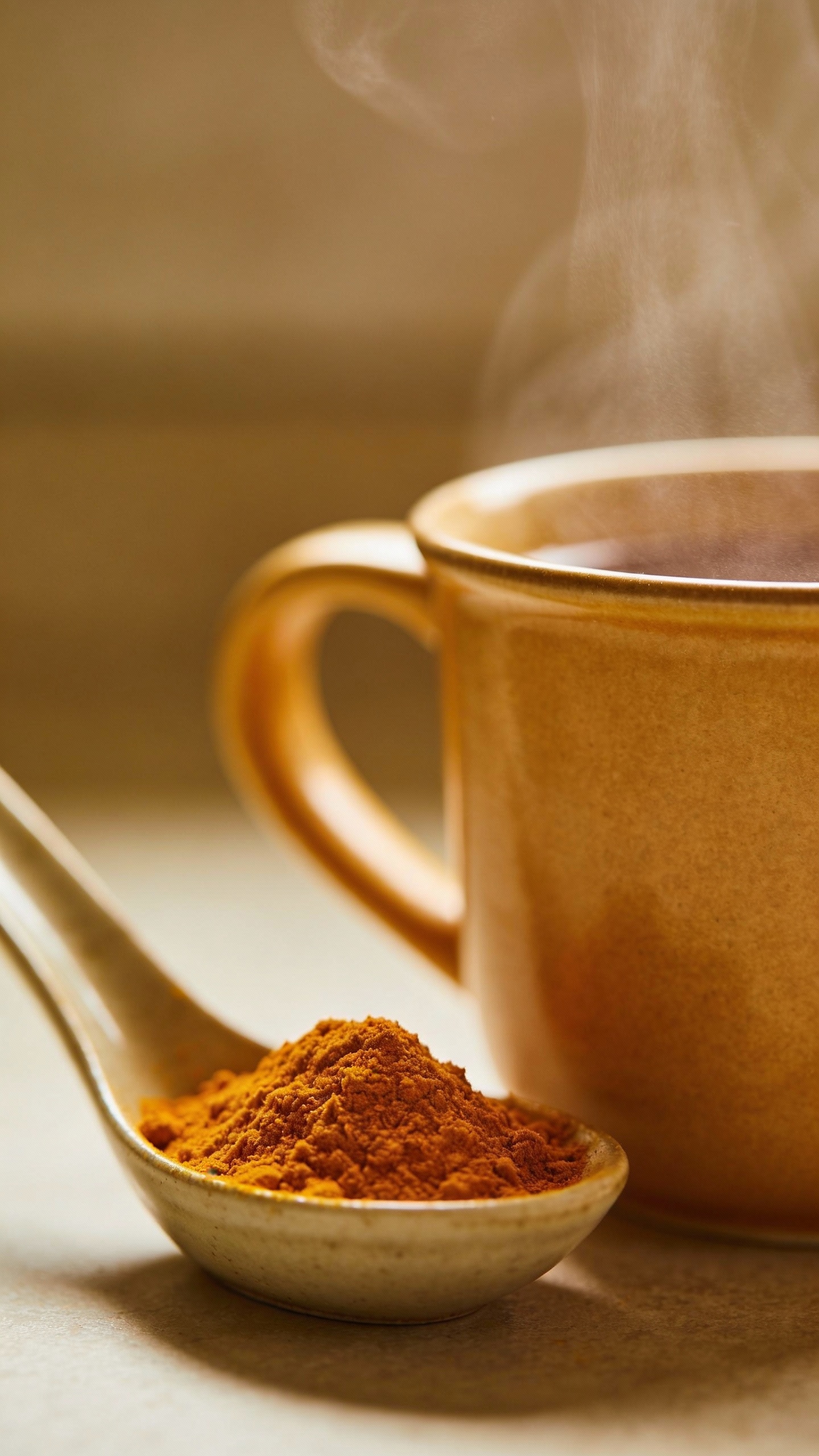 spoon of ground turmeric beside warm mug, soft light