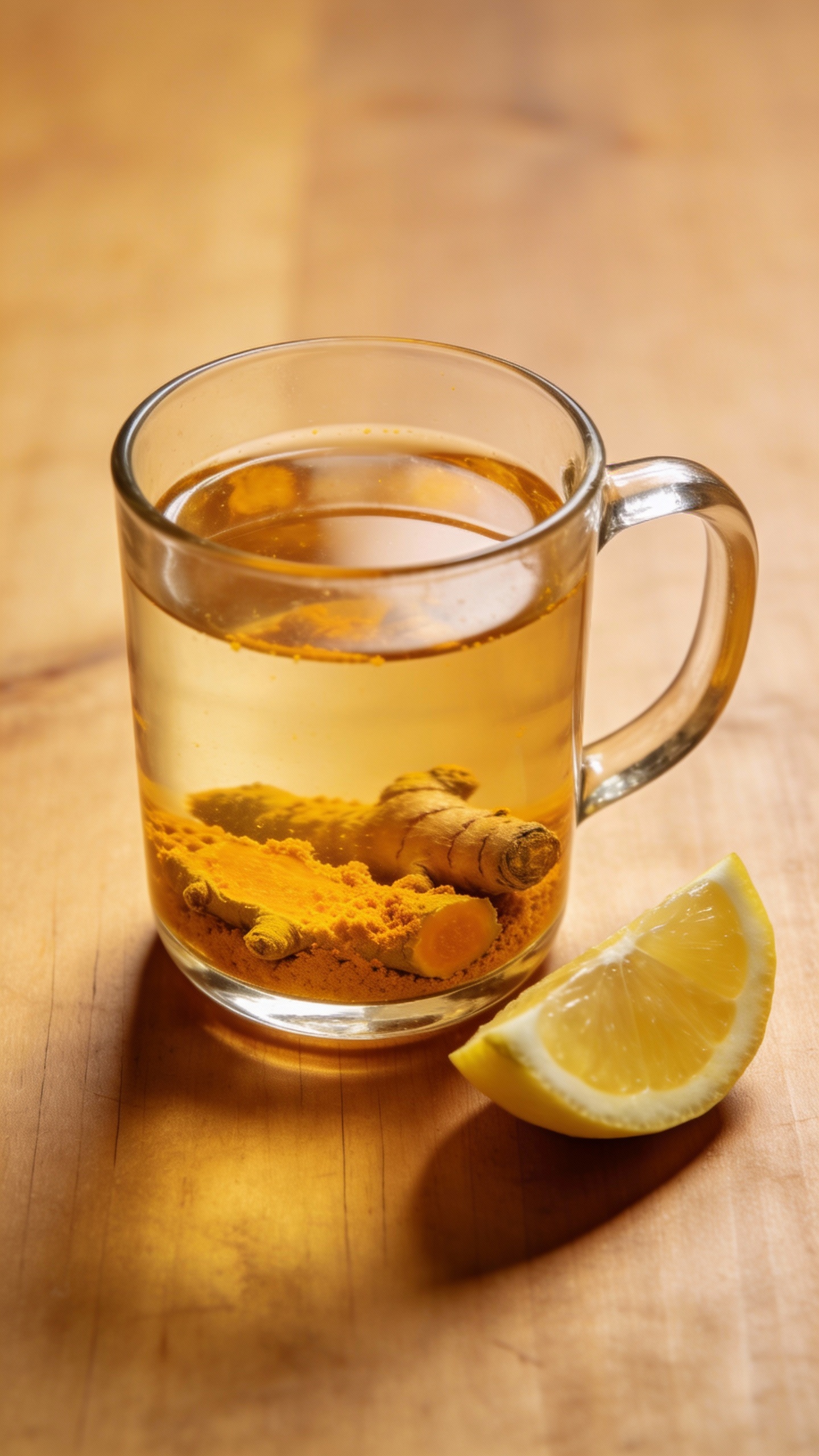 grated fresh turmeric, lemon wedge, warm water in glass mug