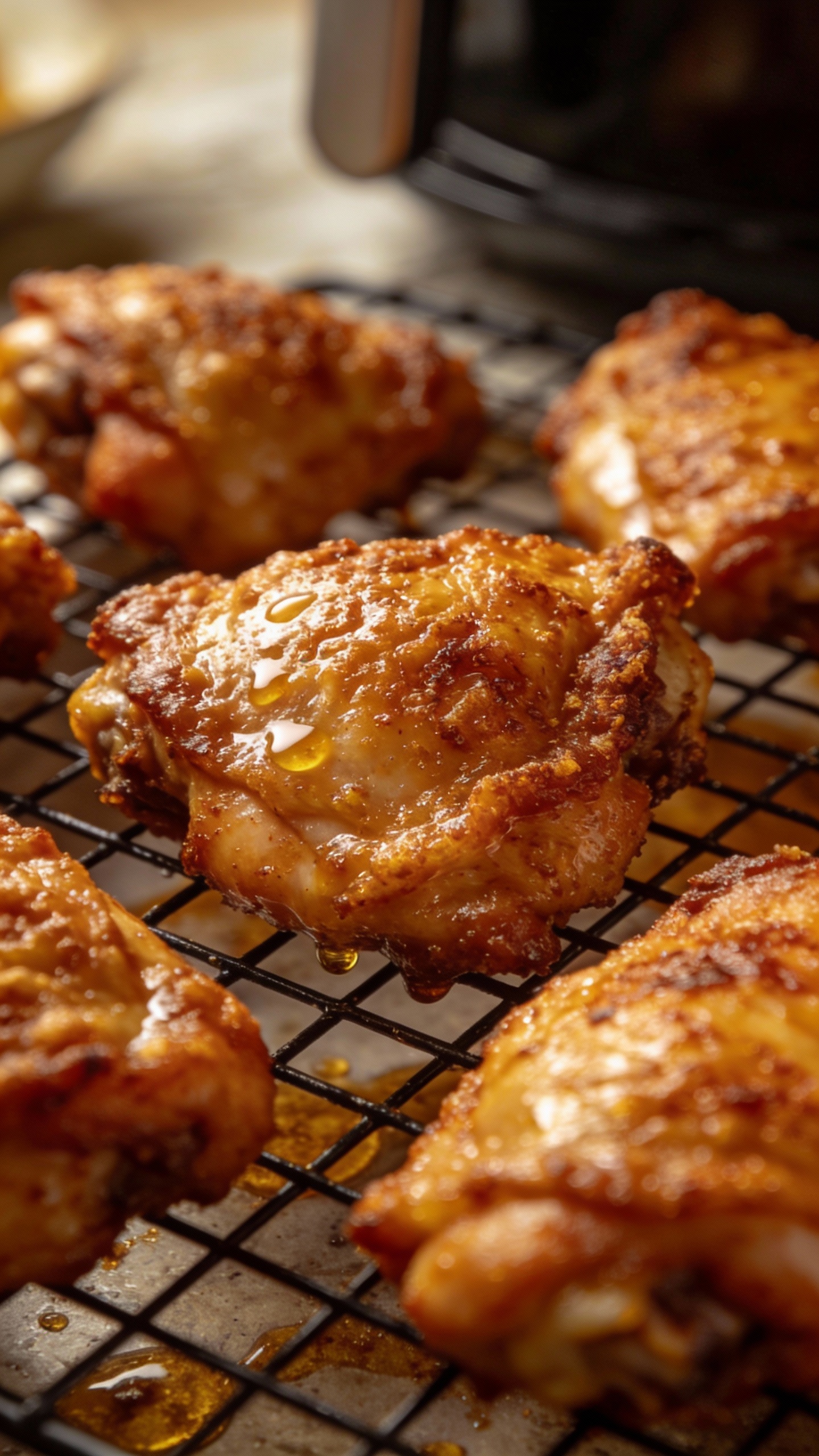 Crispy air fryer chicken thighs on wire rack, golden skin